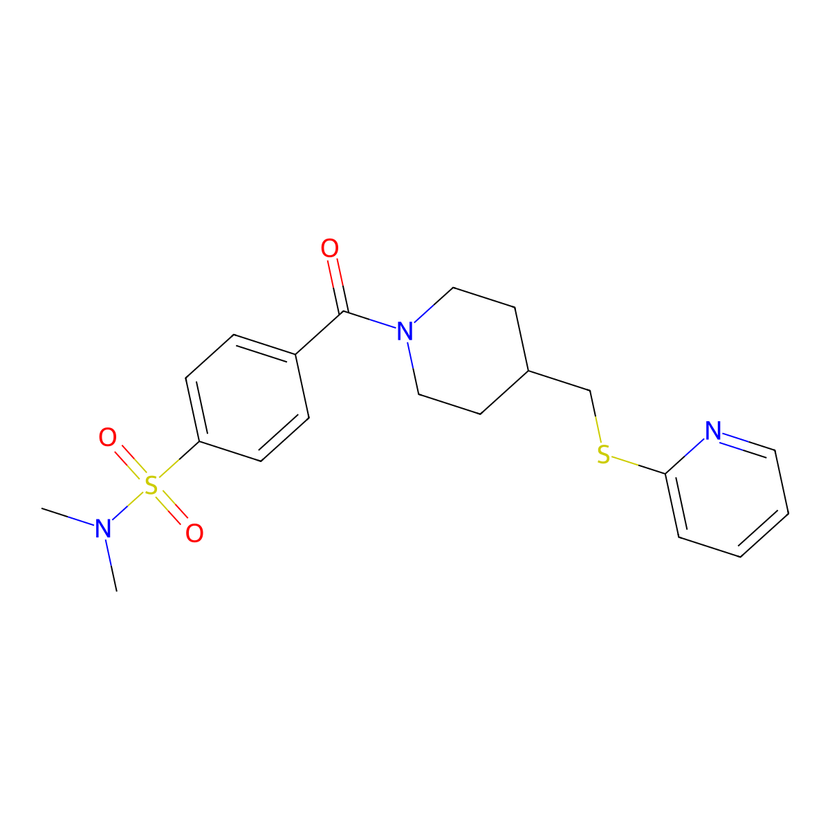 N,N-dimethyl-4-(4-((pyridin-2-ylthio)methyl)piperidine-1-carbonyl)benzenesulfonamide molecular structure, CAS 1421522-42-0
