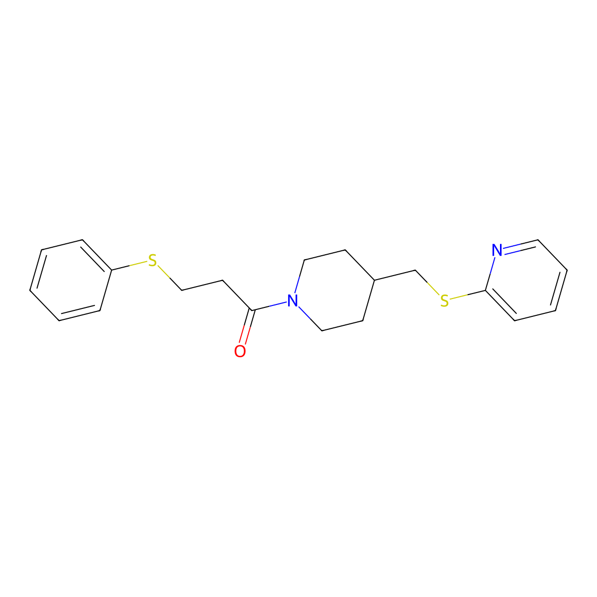 3-(Phenylthio)-1-(4-((pyridin-2-ylthio)methyl)piperidin-1-yl)propan-1-one molecular structure, CAS 1421522-55-5