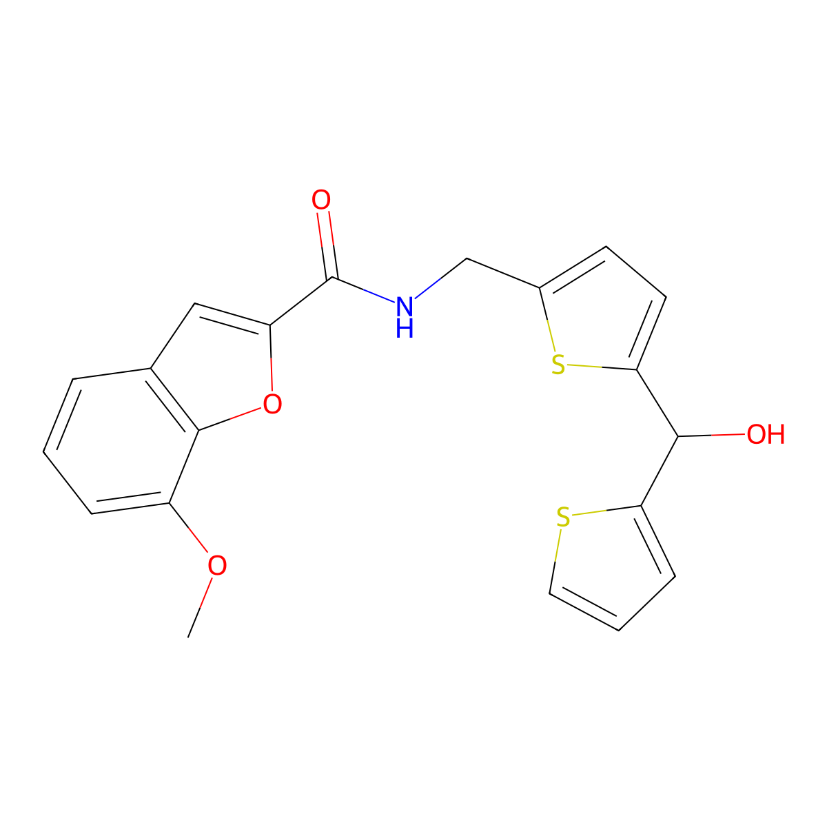N-((5-(hydroxy(thiophen-2-yl)methyl)thiophen-2-yl)methyl)-7-methoxybenzofuran-2-carboxamide molecular structure, CAS 1421522-62-4