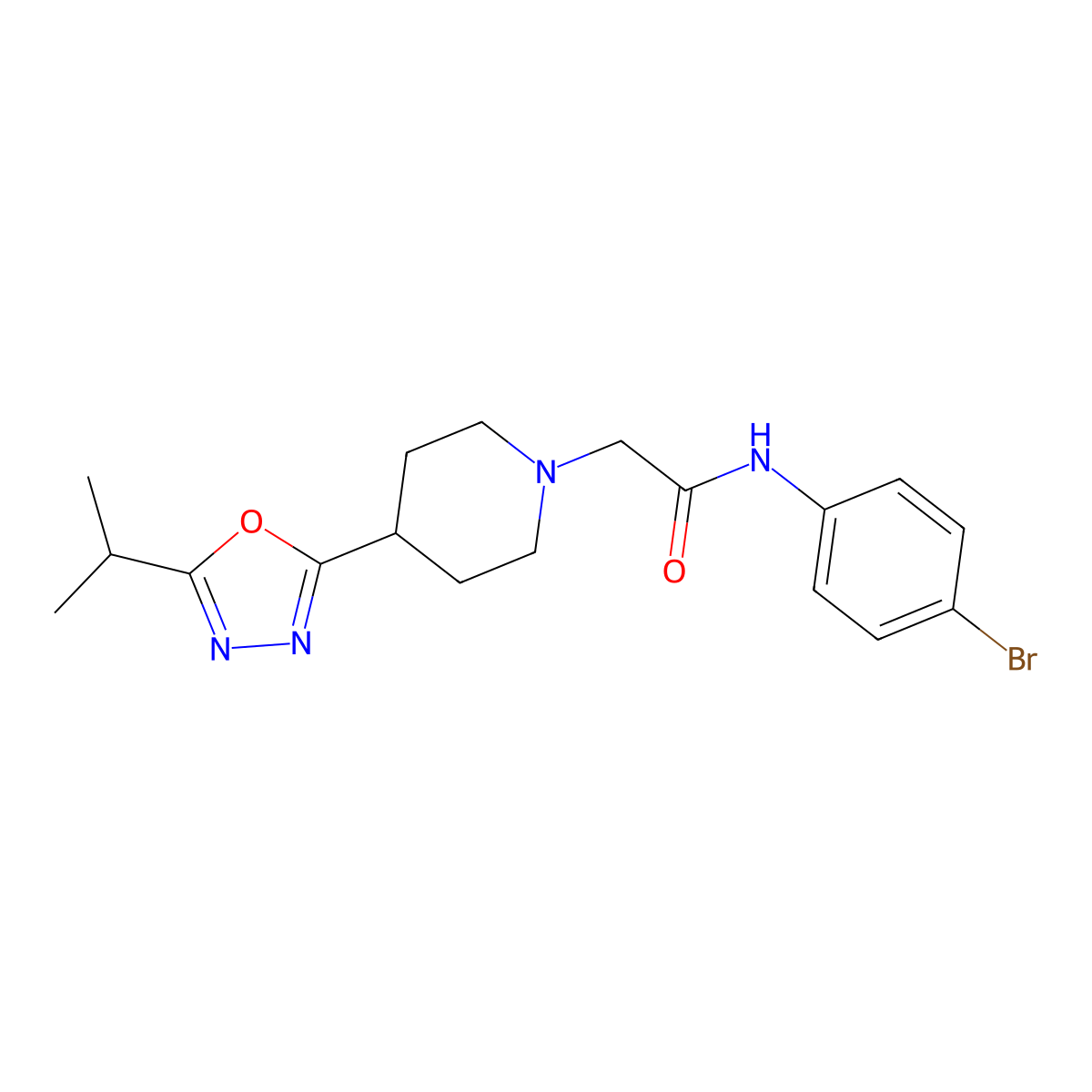 N-(4-bromophenyl)-2-(4-(5-isopropyl-1,3,4-oxadiazol-2-yl)piperidin-1-yl)acetamide molecular structure, CAS 1421522-75-9