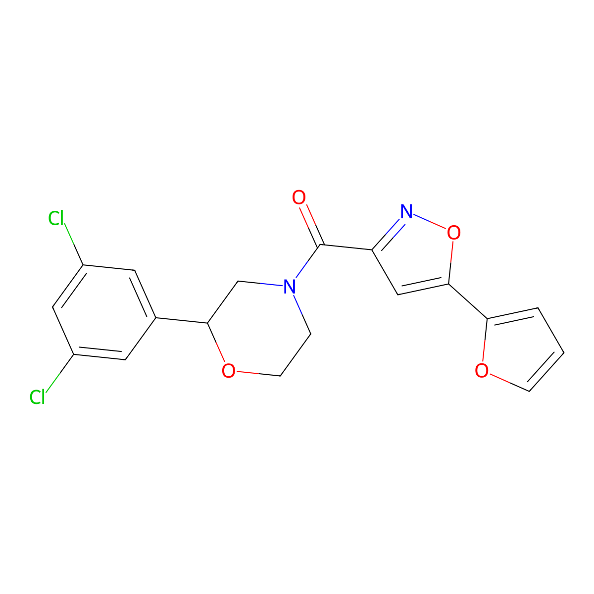 2-(3,5-Dichlorophenyl)-4-[5-(furan-2-YL)-1,2-oxazole-3-carbonyl]morpholine molecular structure, CAS 1421522-76-0