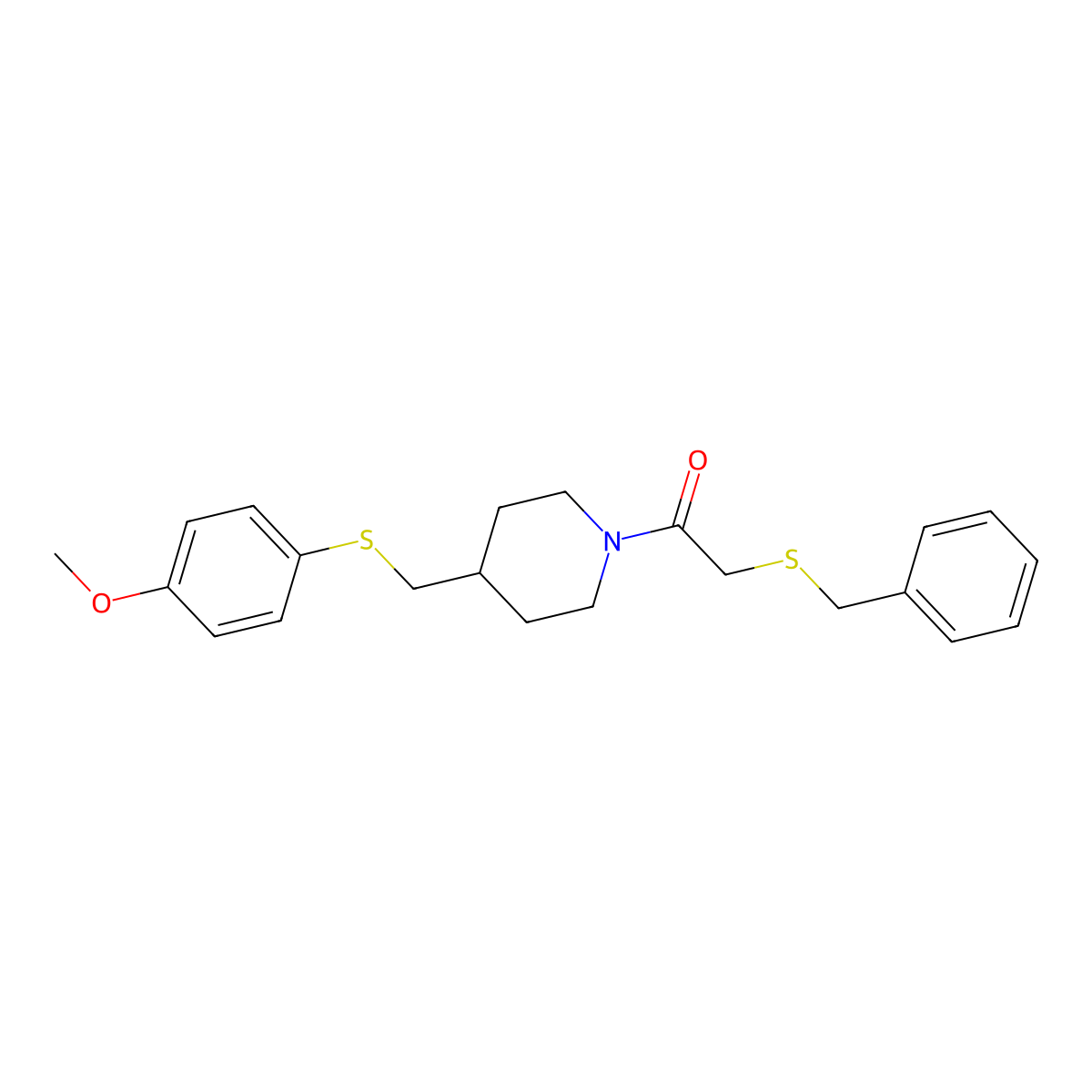 2-(Benzylthio)-1-(4-(((4-methoxyphenyl)thio)methyl)piperidin-1-yl)ethanone molecular structure, CAS 1421522-82-8