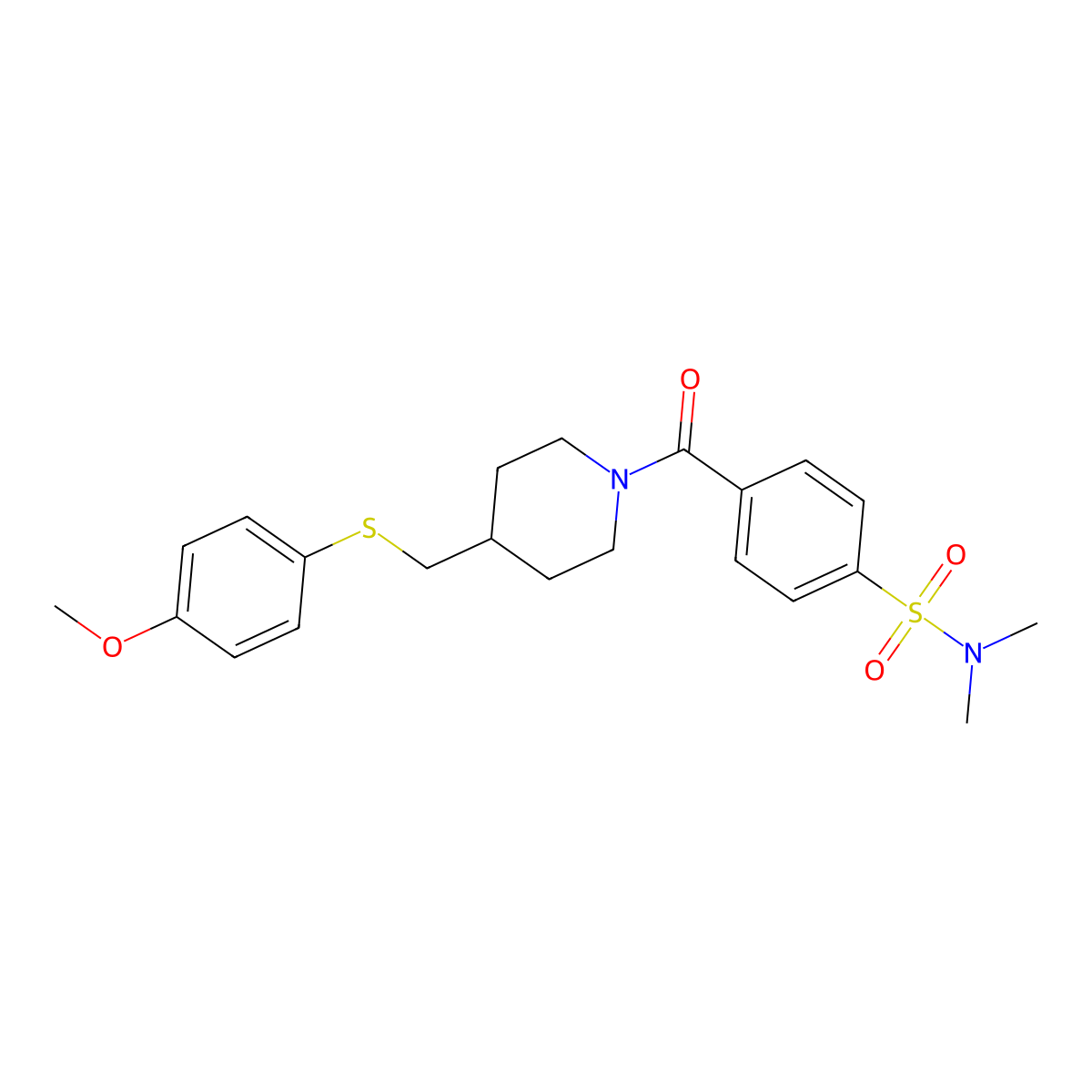 4-(4-(((4-methoxyphenyl)thio)methyl)piperidine-1-carbonyl)-N,N-dimethylbenzenesulfonamide molecular structure, CAS 1421522-89-5