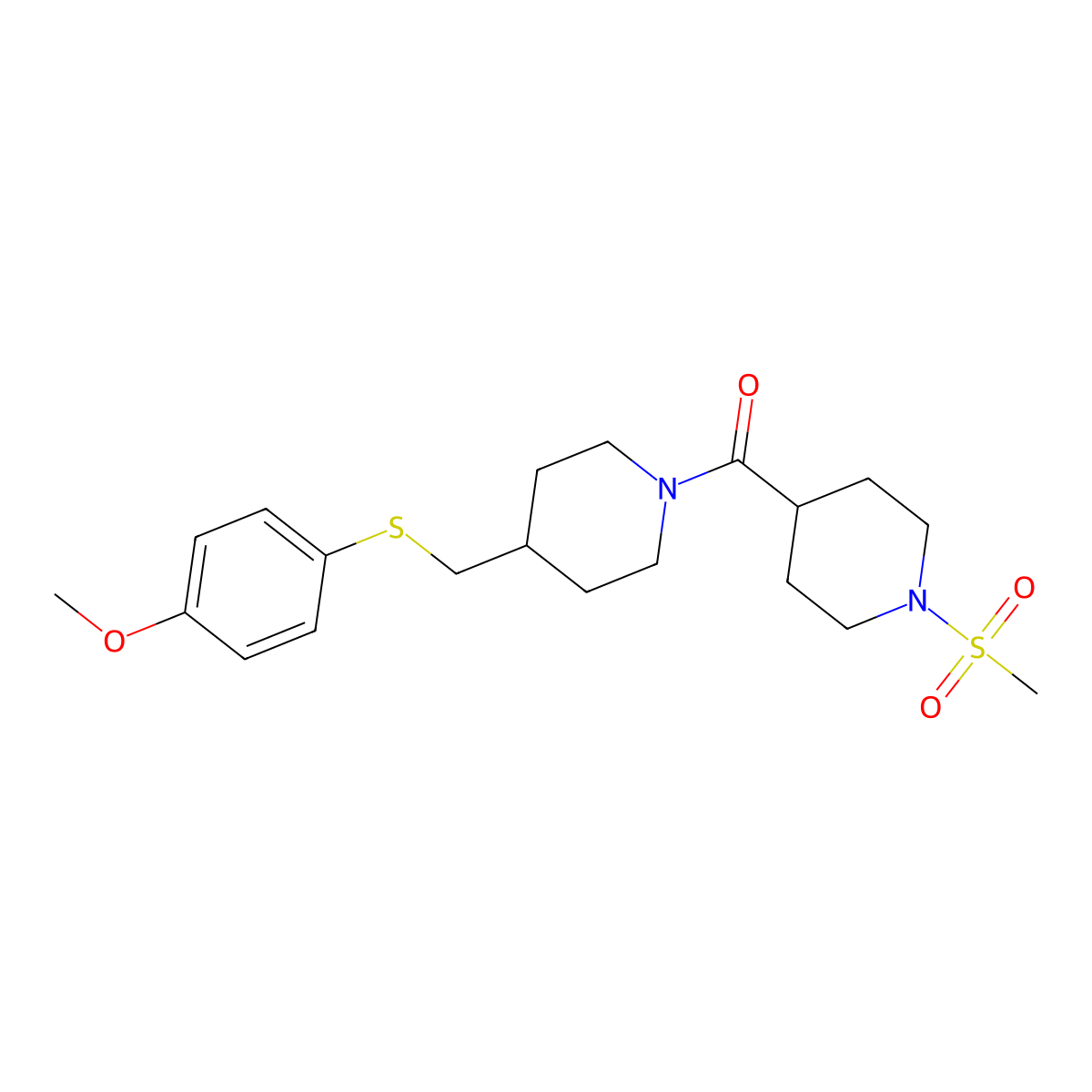 (4-(((4-Methoxyphenyl)thio)methyl)piperidin-1-yl)(1-(methylsulfonyl)piperidin-4-yl)methanone molecular structure, CAS 1421522-94-2