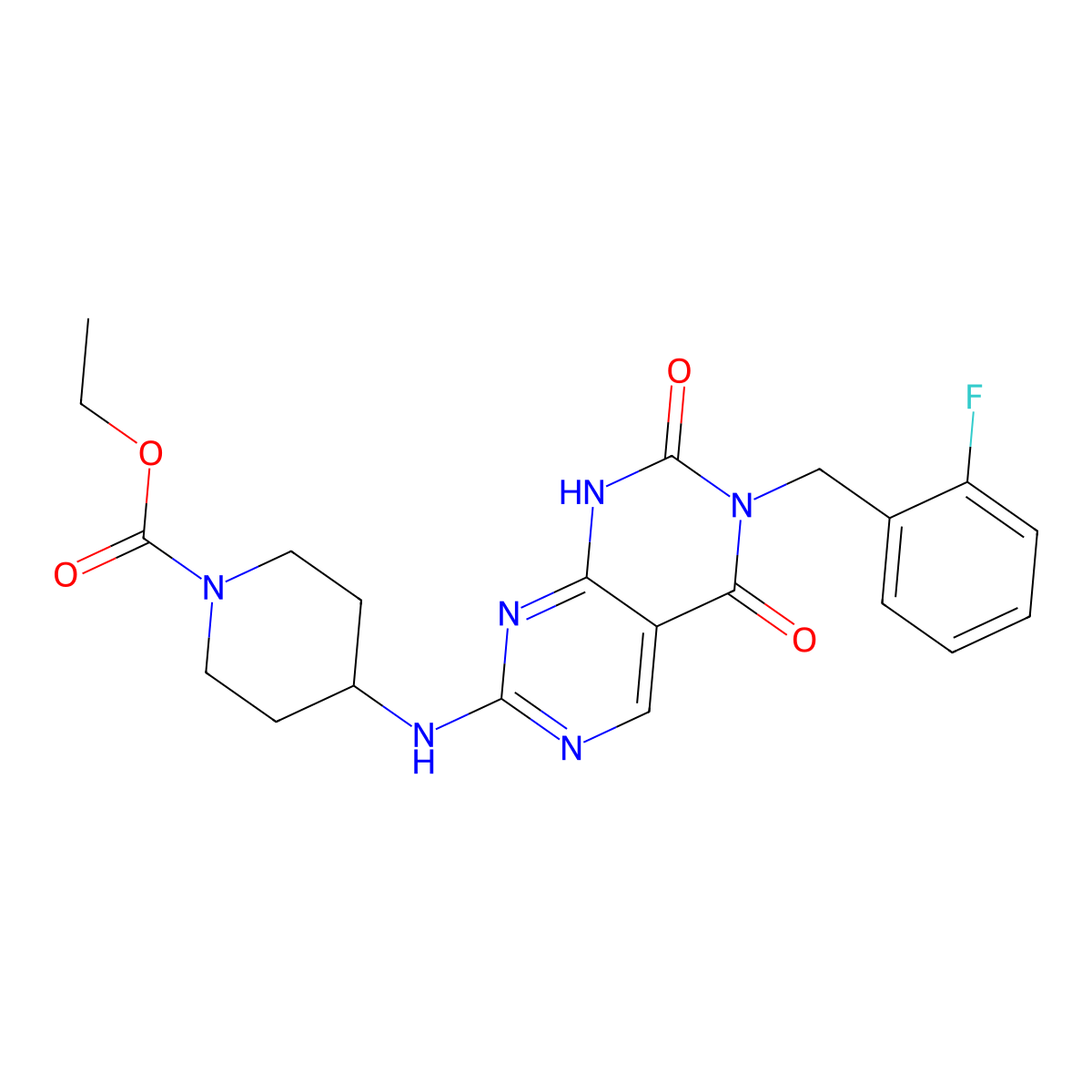 Ethyl 4-((6-(2-fluorobenzyl)-5,7-dioxo-5,6,7,8-tetrahydropyrimido[4,5-d]pyrimidin-2-yl)amino)piperidine-1-carboxylate molecular structure, CAS 1421522-96-4