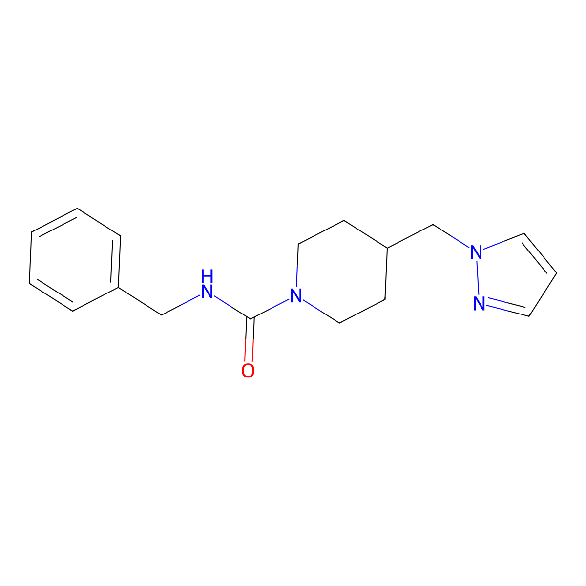 4-((1H-pyrazol-1-yl)methyl)-N-benzylpiperidine-1-carboxamide molecular structure, CAS 1421522-99-7