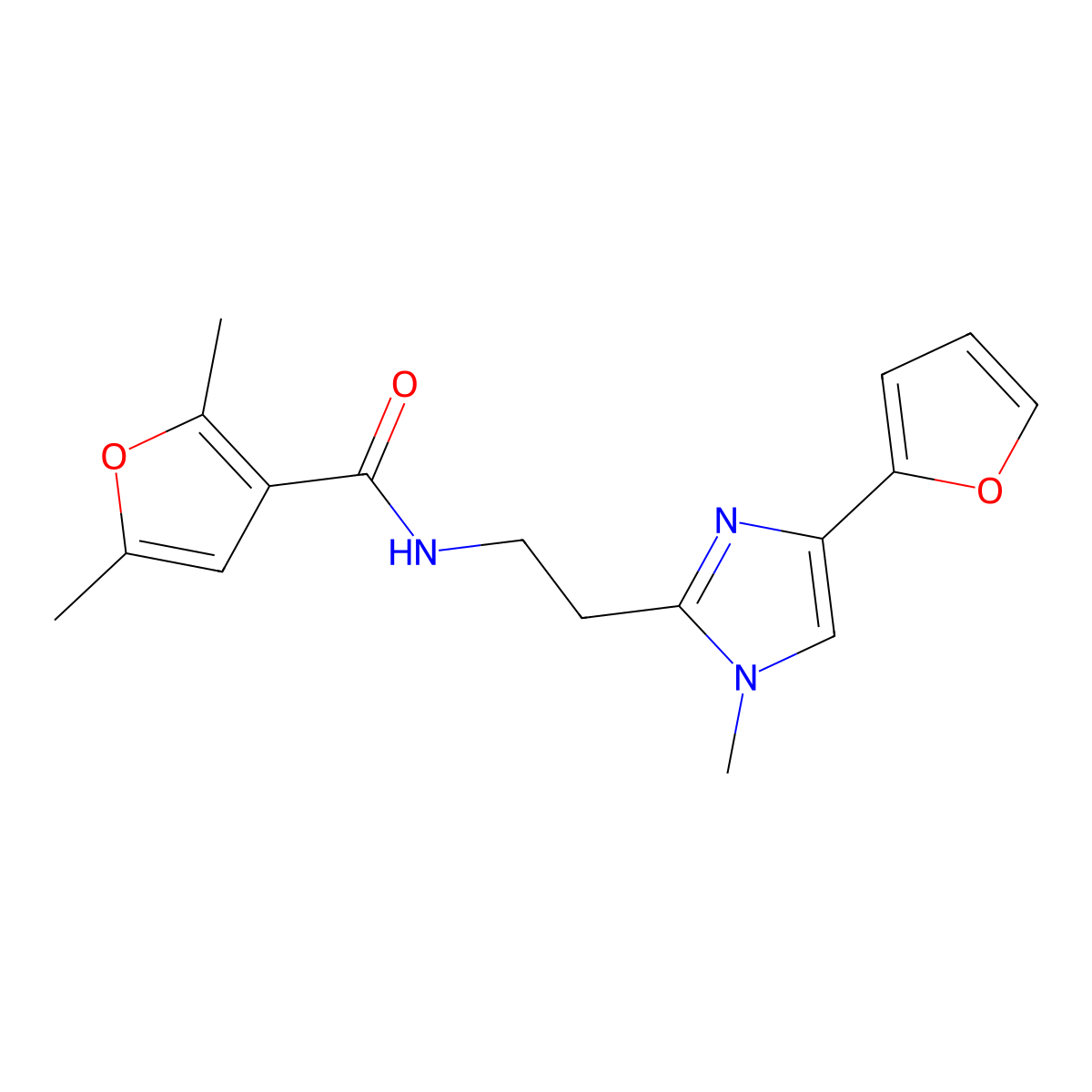 N-{2-[4-(furan-2-yl)-1-methyl-1H-imidazol-2-yl]ethyl}-2,5-dimethylfuran-3-carboxamide molecular structure, CAS 1421523-12-7
