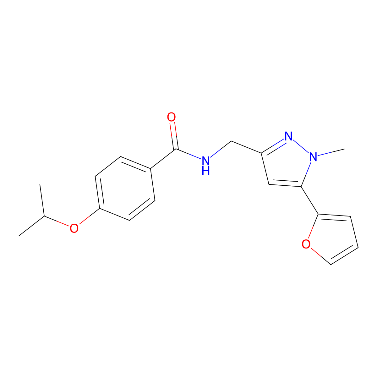 N-((5-(furan-2-yl)-1-methyl-1H-pyrazol-3-yl)methyl)-4-isopropoxybenzamide molecular structure, CAS 1421523-16-1