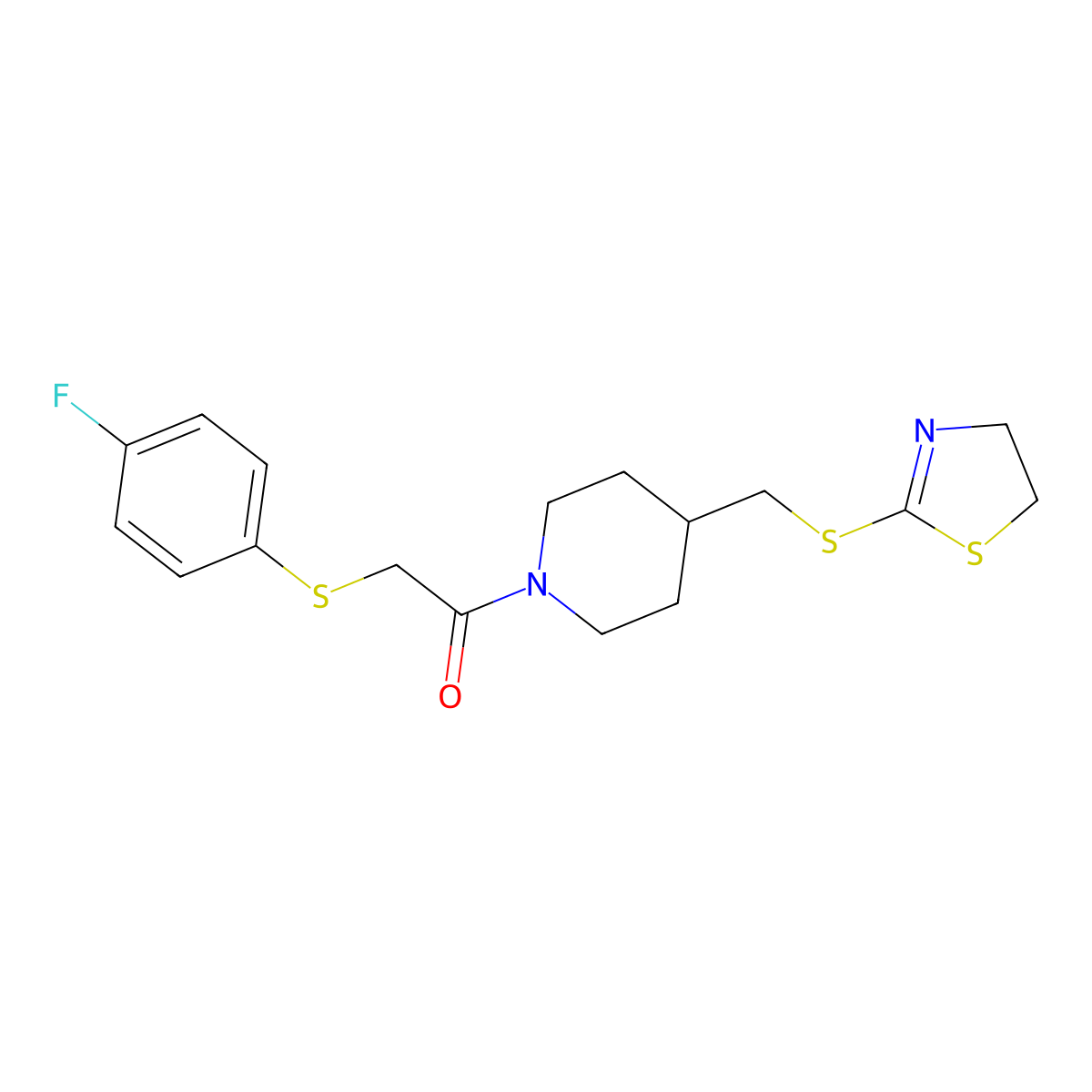 1-(4-(((4,5-Dihydrothiazol-2-yl)thio)methyl)piperidin-1-yl)-2-((4-fluorophenyl)thio)ethanone molecular structure, CAS 1421523-22-9