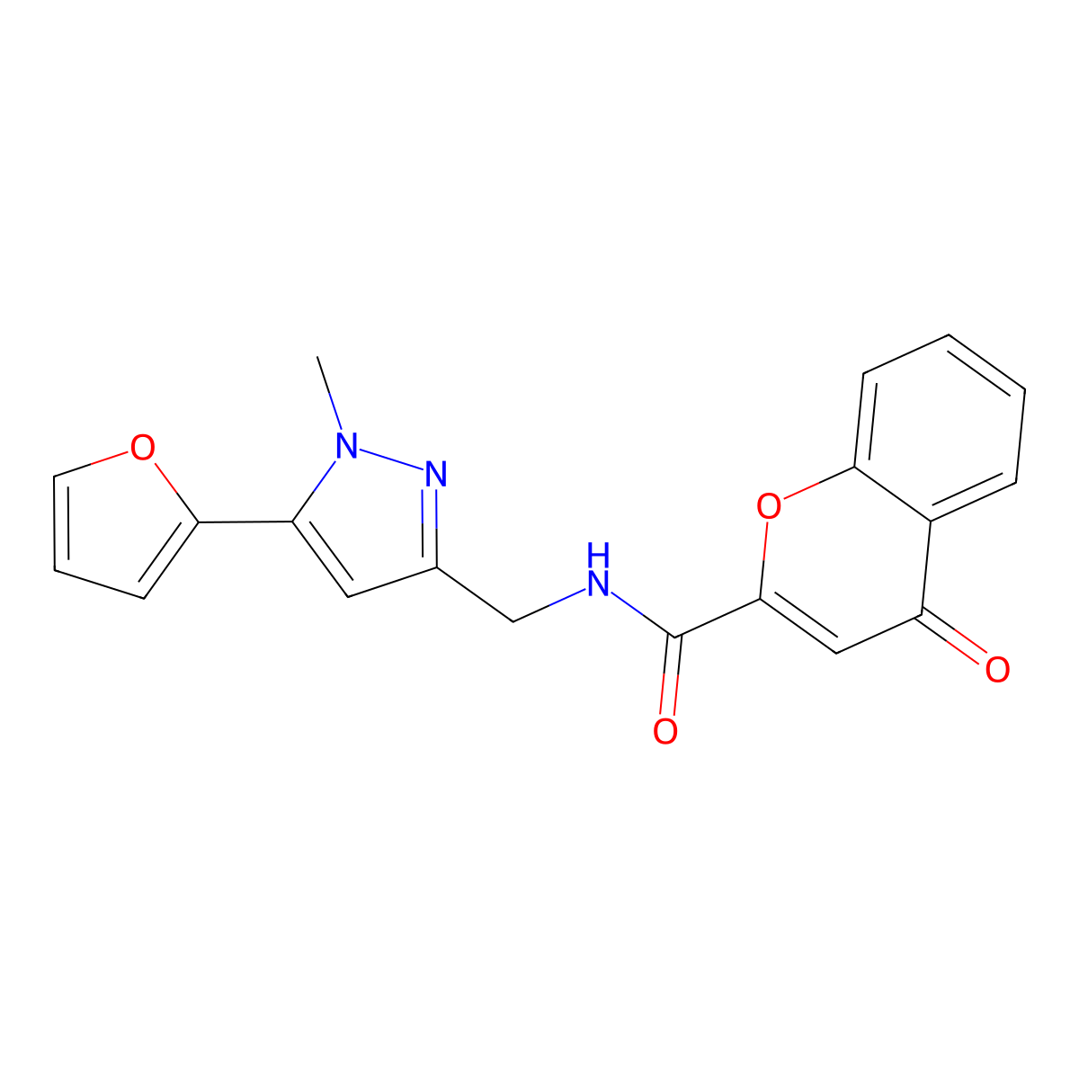 N-((5-(furan-2-yl)-1-methyl-1H-pyrazol-3-yl)methyl)-4-oxo-4H-chromene-2-carboxamide molecular structure, CAS 1421523-24-1