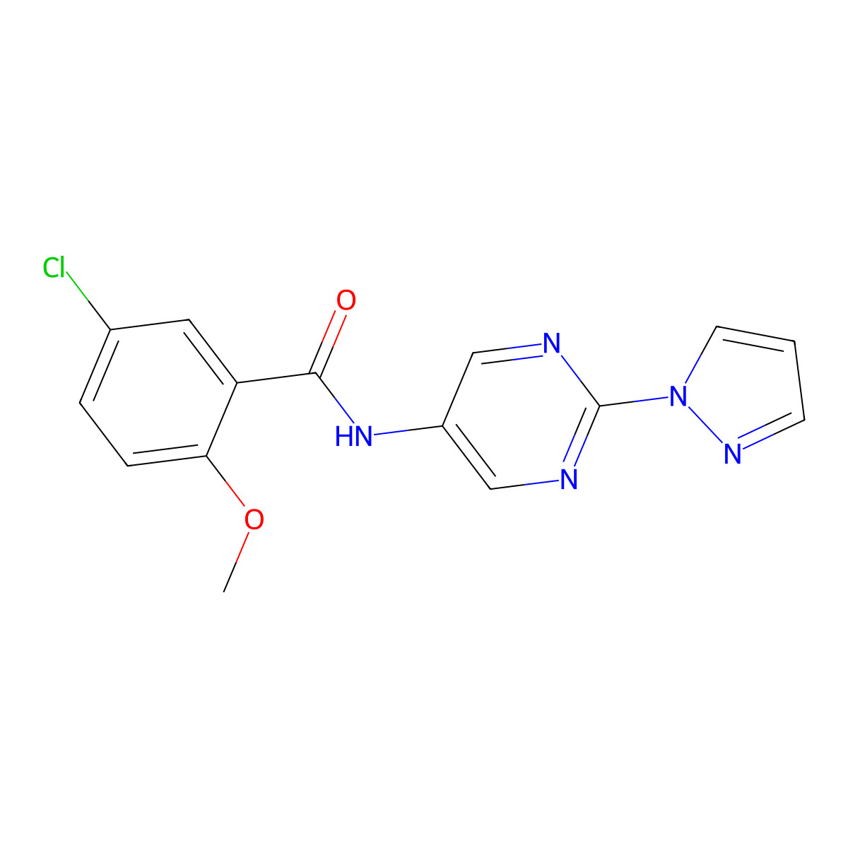 N-(2-(1H-pyrazol-1-yl)pyrimidin-5-yl)-5-chloro-2-methoxybenzamide molecular structure, CAS 1421523-29-6