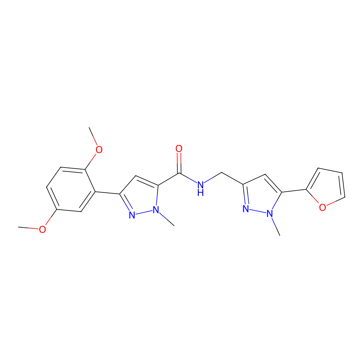 3-(2,5-dimethoxyphenyl)-N-((5-(furan-2-yl)-1-methyl-1H-pyrazol-3-yl)methyl)-1-methyl-1H-pyrazole-5-carboxamide molecular structure, CAS 1421523-30-9