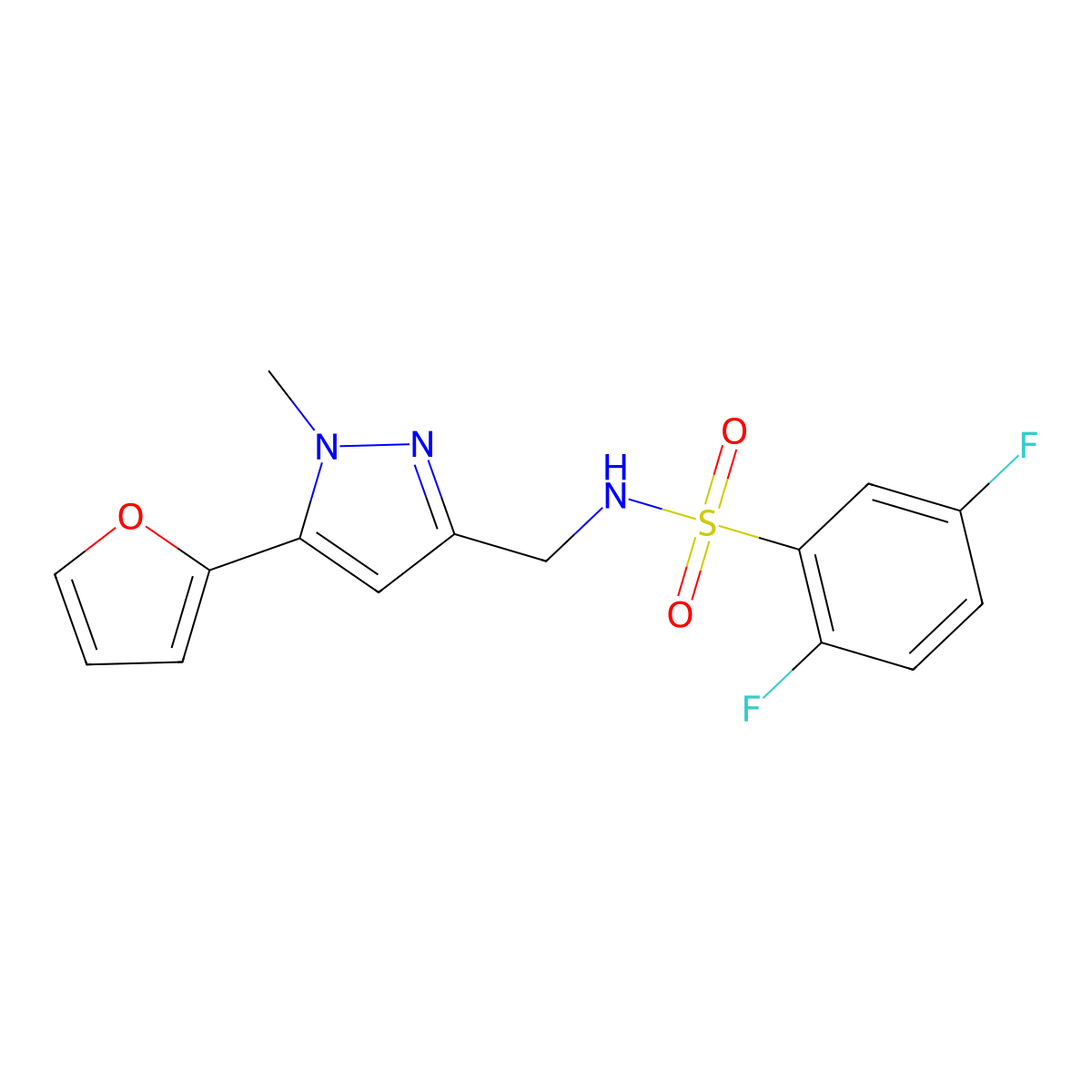2,5-difluoro-N-((5-(furan-2-yl)-1-methyl-1H-pyrazol-3-yl)methyl)benzenesulfonamide molecular structure, CAS 1421523-36-5