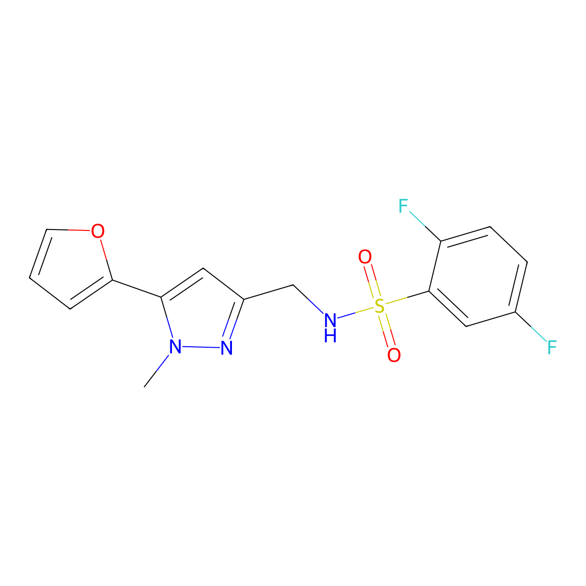2,5-difluoro-N-((5-(furan-2-yl)-1-methyl-1H-pyrazol-3-yl)methyl)benzenesulfonamide molecular structure, CAS 1421523-36-5