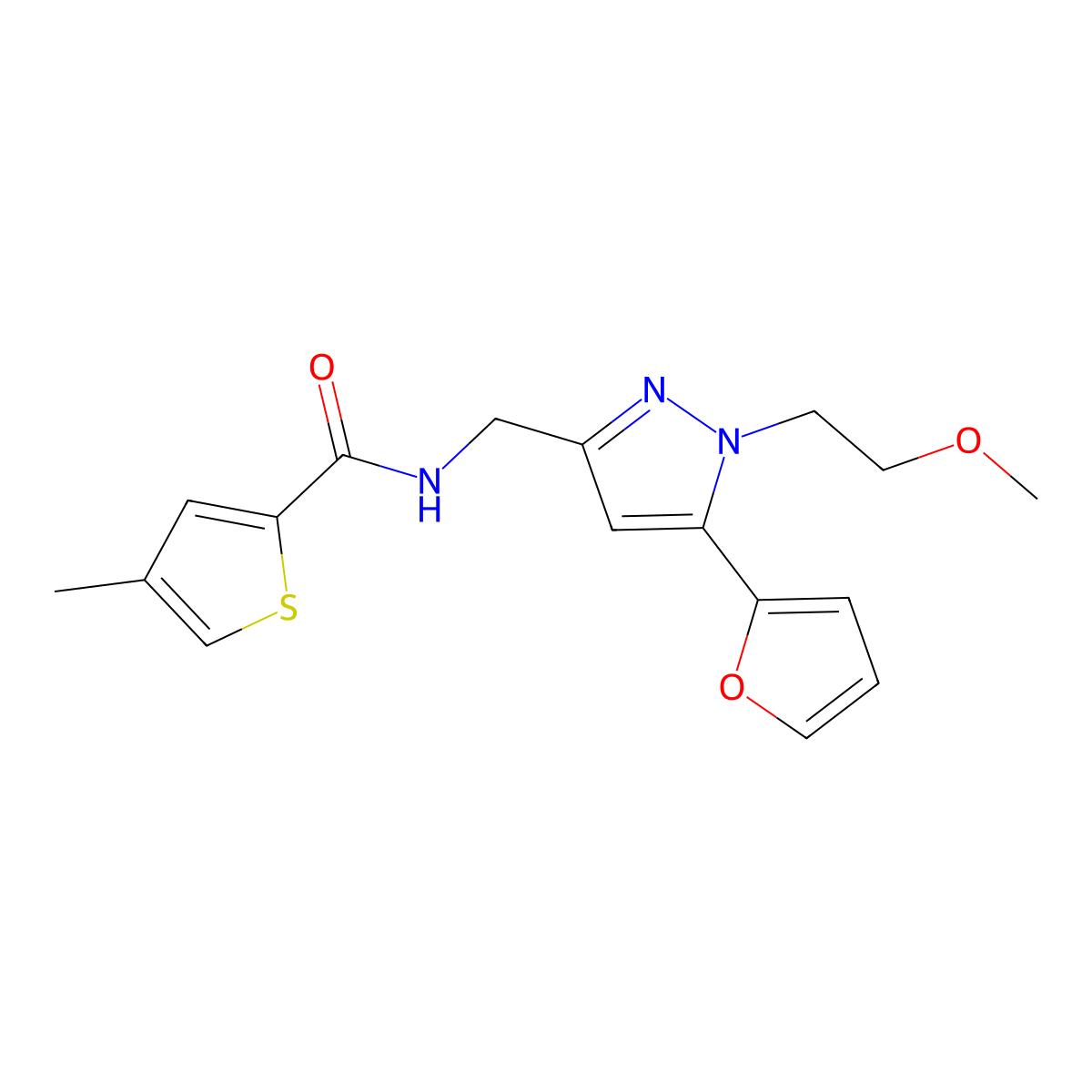 N-{[5-(furan-2-yl)-1-(2-methoxyethyl)-1H-pyrazol-3-yl]methyl}-4-methylthiophene-2-carboxamide molecular structure, CAS 1421523-44-5
