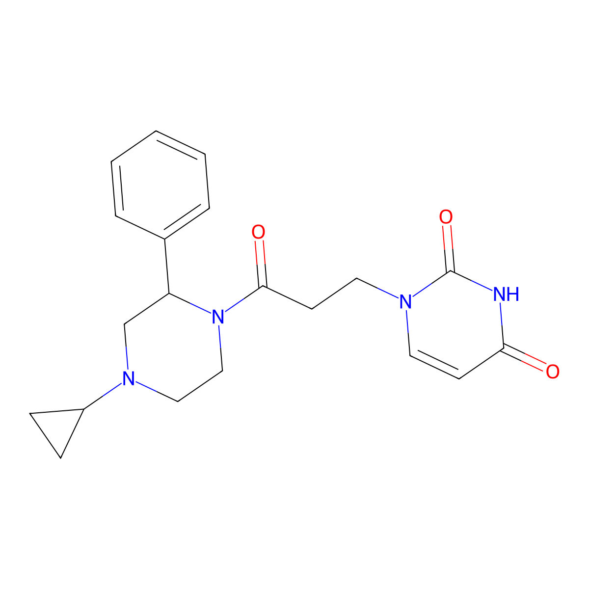 1-(3-(4-cyclopropyl-2-phenylpiperazin-1-yl)-3-oxopropyl)pyrimidine-2,4(1H,3H)-dione molecular structure, CAS 1421523-48-9