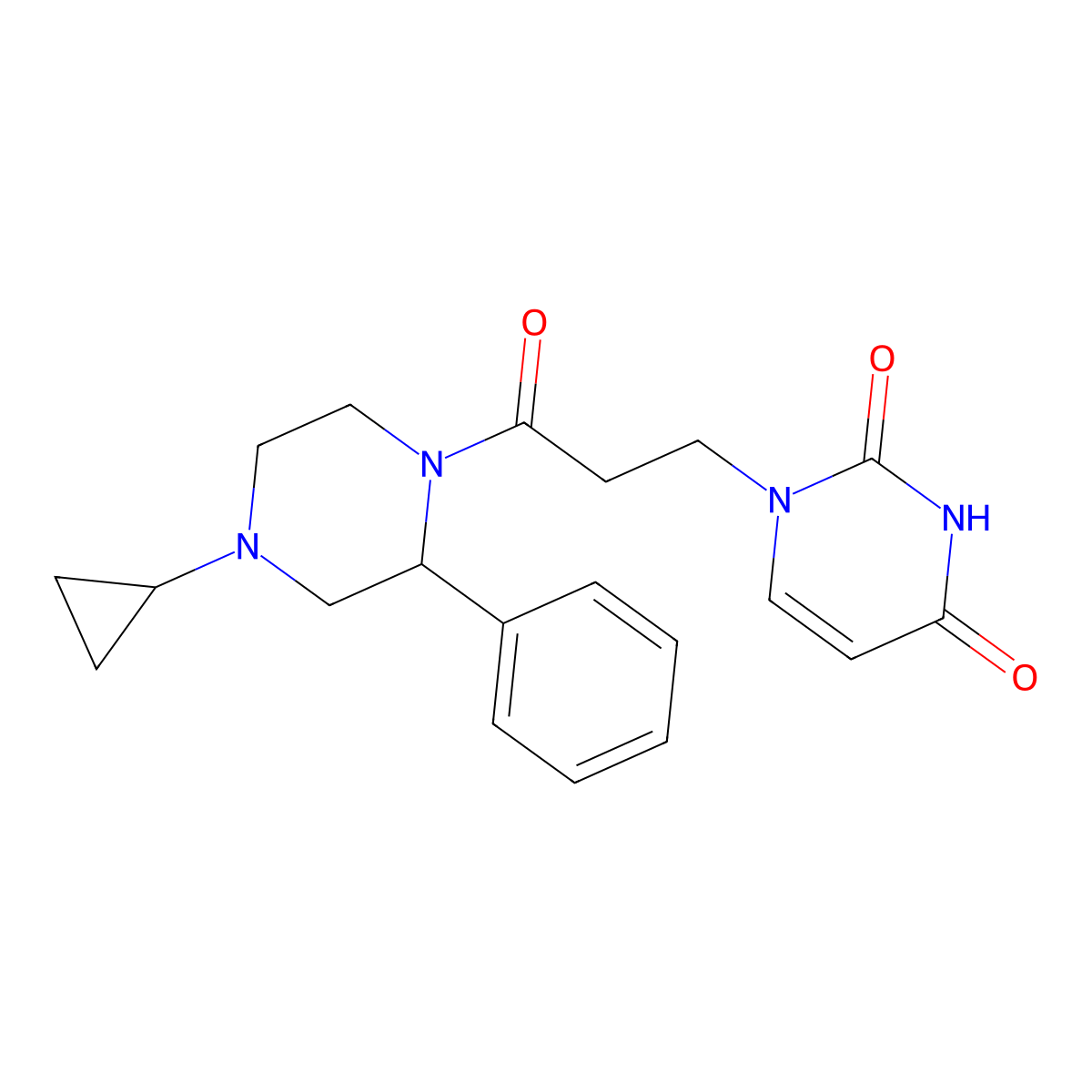 1-(3-(4-cyclopropyl-2-phenylpiperazin-1-yl)-3-oxopropyl)pyrimidine-2,4(1H,3H)-dione molecular structure, CAS 1421523-48-9
