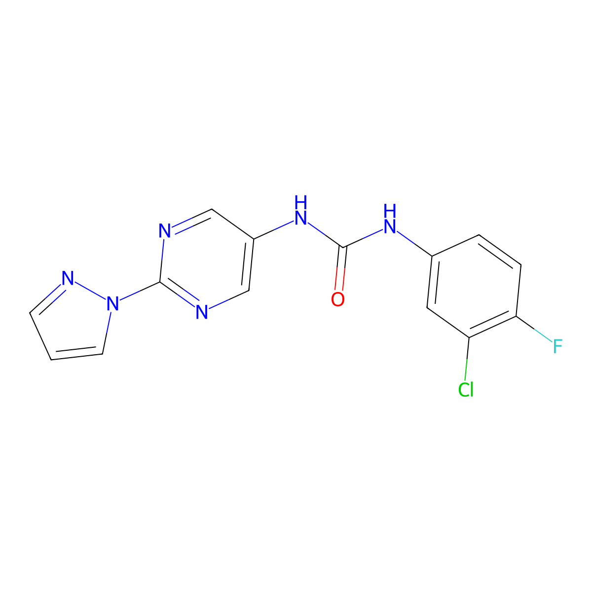 1-(2-(1H-pyrazol-1-yl)pyrimidin-5-yl)-3-(3-chloro-4-fluorophenyl)urea molecular structure, CAS 1421523-56-9