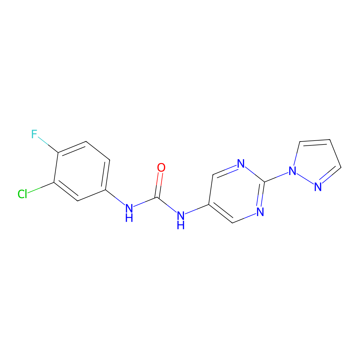1-(2-(1H-pyrazol-1-yl)pyrimidin-5-yl)-3-(3-chloro-4-fluorophenyl)urea molecular structure, CAS 1421523-56-9