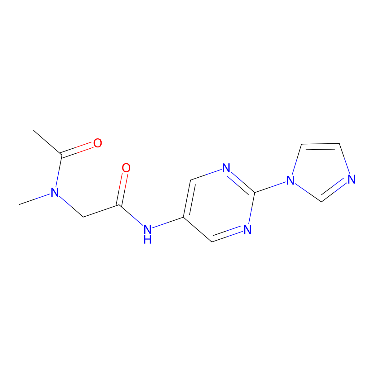 N-(2-(1H-imidazol-1-yl)pyrimidin-5-yl)-2-(N-methylacetamido)acetamide molecular structure, CAS 1421523-77-4