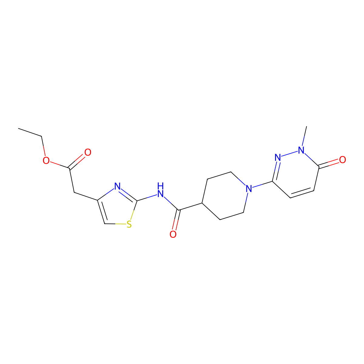 Ethyl 2-{2-[1-(1-methyl-6-oxo-1,6-dihydropyridazin-3-yl)piperidine-4-amido]-1,3-thiazol-4-yl}acetate molecular structure, CAS 1421523-78-5