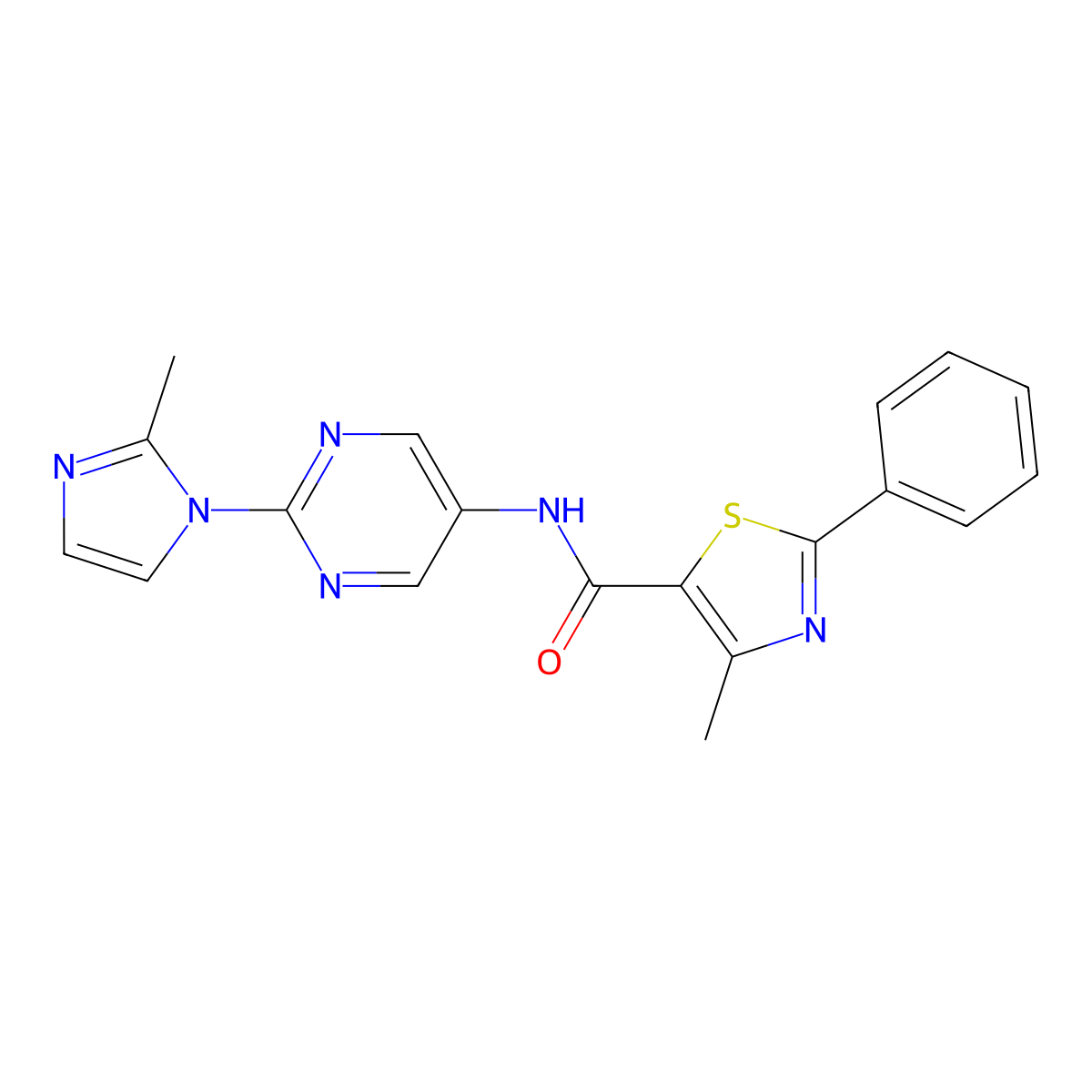 4-methyl-N-(2-(2-methyl-1H-imidazol-1-yl)pyrimidin-5-yl)-2-phenylthiazole-5-carboxamide molecular structure, CAS 1421523-81-0