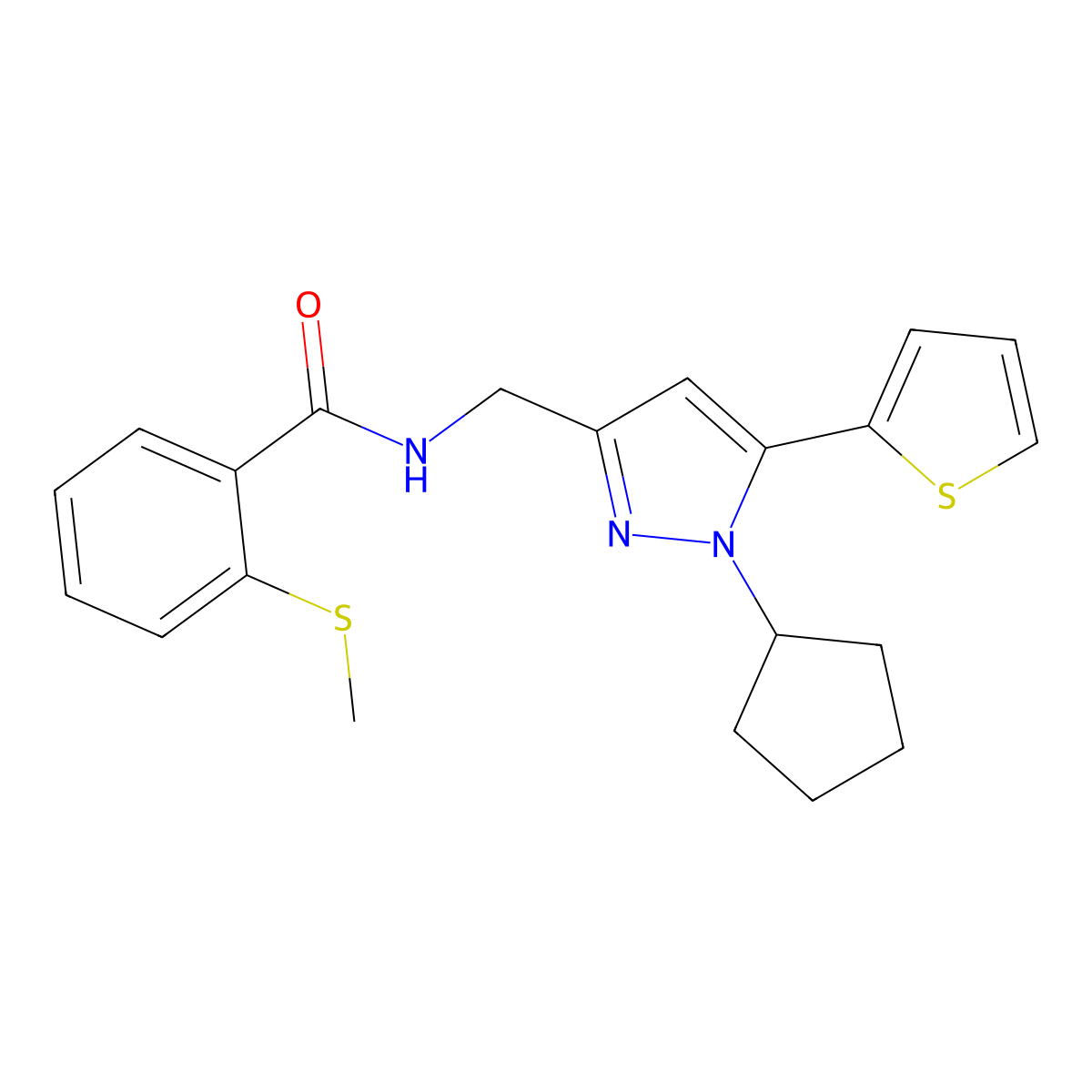 N-((1-cyclopentyl-5-(thiophen-2-yl)-1H-pyrazol-3-yl)methyl)-2-(methylthio)benzamide molecular structure, CAS 1421523-87-6