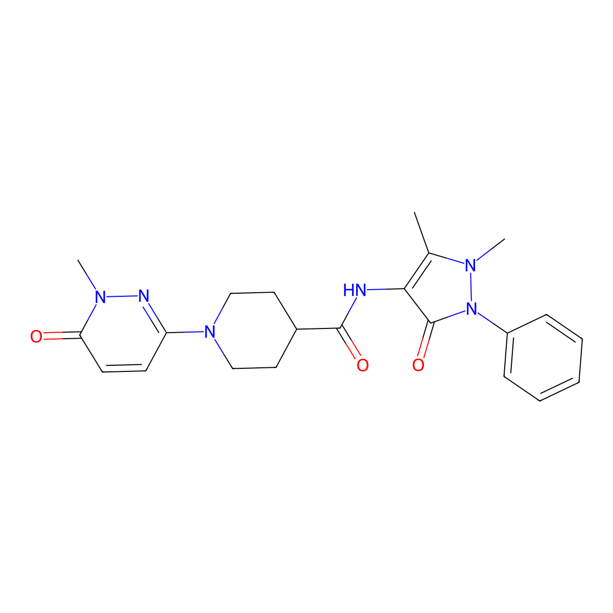 N-(1,5-dimethyl-3-oxo-2-phenyl-2,3-dihydro-1H-pyrazol-4-yl)-1-(1-methyl-6-oxo-1,6-dihydropyridazin-3-yl)piperidine-4-carboxamide molecular structure, CAS 1421523-88-7