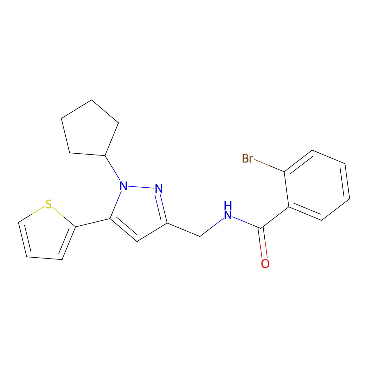 2-bromo-N-((1-cyclopentyl-5-(thiophen-2-yl)-1H-pyrazol-3-yl)methyl)benzamide molecular structure, CAS 1421523-95-6