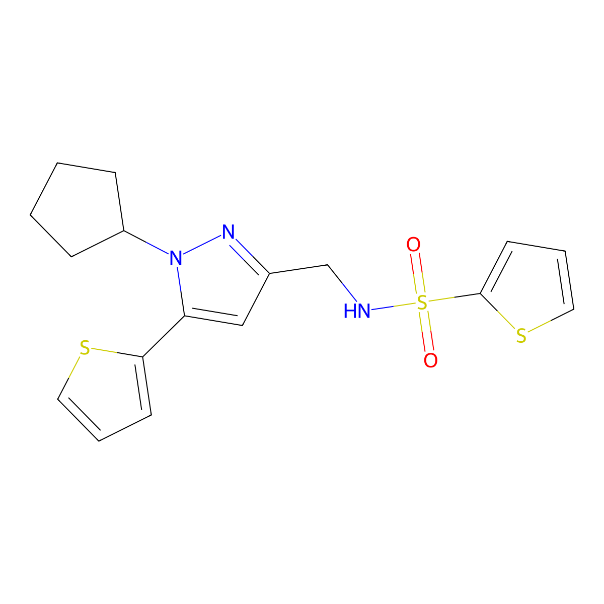 N-{[1-cyclopentyl-5-(thiophen-2-yl)-1H-pyrazol-3-yl]methyl}thiophene-2-sulfonamide molecular structure, CAS 1421524-03-9