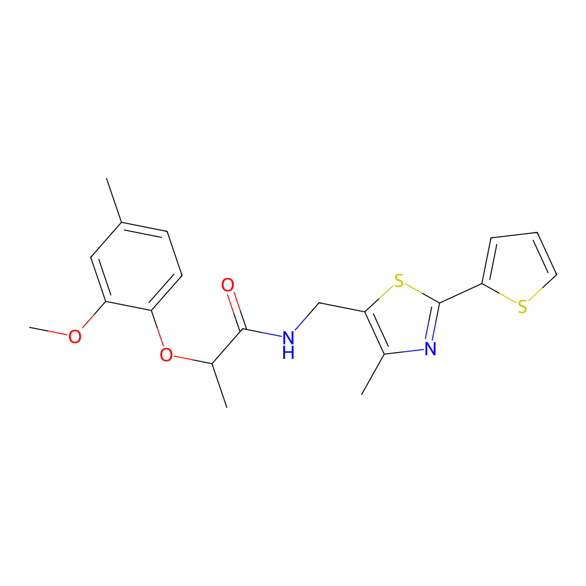 2-(2-methoxy-4-methylphenoxy)-N-((4-methyl-2-(thiophen-2-yl)thiazol-5-yl)methyl)propanamide molecular structure, CAS 1421524-05-1