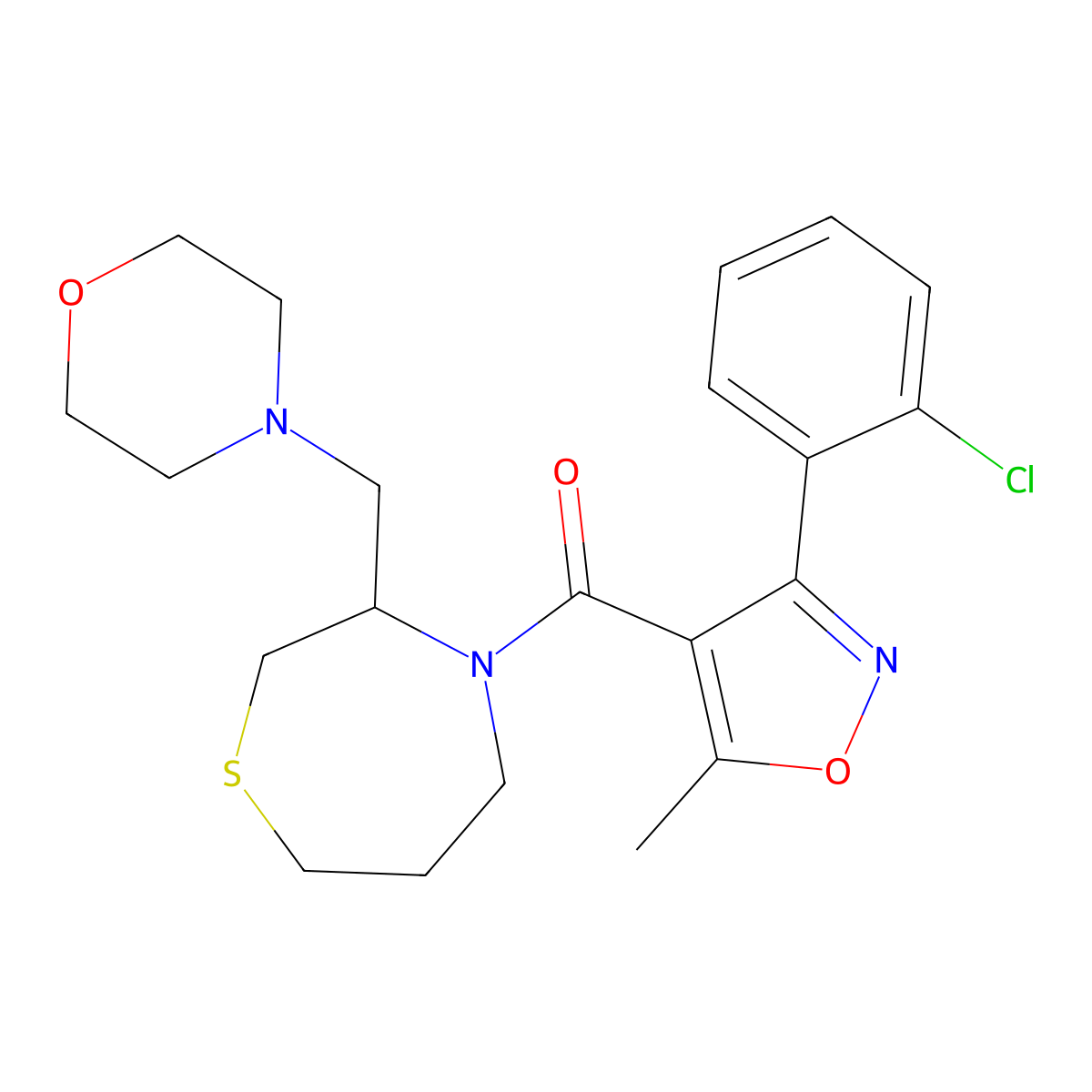 (3-(2-Chlorophenyl)-5-methylisoxazol-4-yl)(3-(morpholinomethyl)-1,4-thiazepan-4-yl)methanone molecular structure, CAS 1421524-06-2