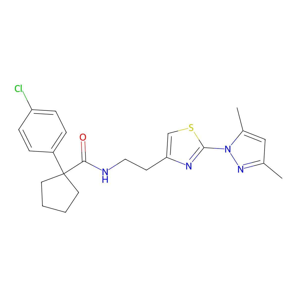 1-(4-chlorophenyl)-N-(2-(2-(3,5-dimethyl-1H-pyrazol-1-yl)thiazol-4-yl)ethyl)cyclopentanecarboxamide molecular structure, CAS 1421524-29-9