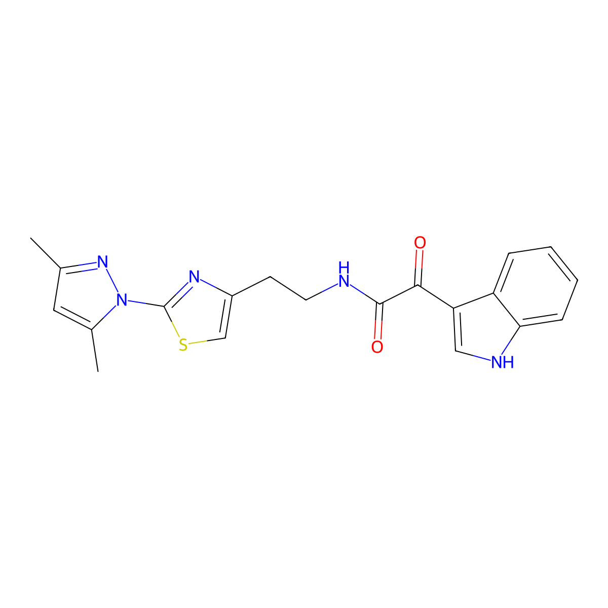 N-(2-(2-(3,5-dimethyl-1H-pyrazol-1-yl)thiazol-4-yl)ethyl)-2-(1H-indol-3-yl)-2-oxoacetamide molecular structure, CAS 1421524-37-9