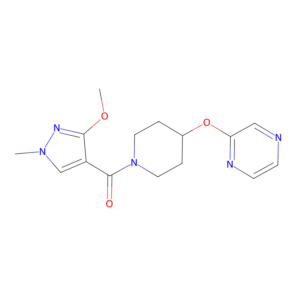 (3-methoxy-1-methyl-1H-pyrazol-4-yl)(4-(pyrazin-2-yloxy)piperidin-1-yl)methanone molecular structure, CAS 1421524-39-1