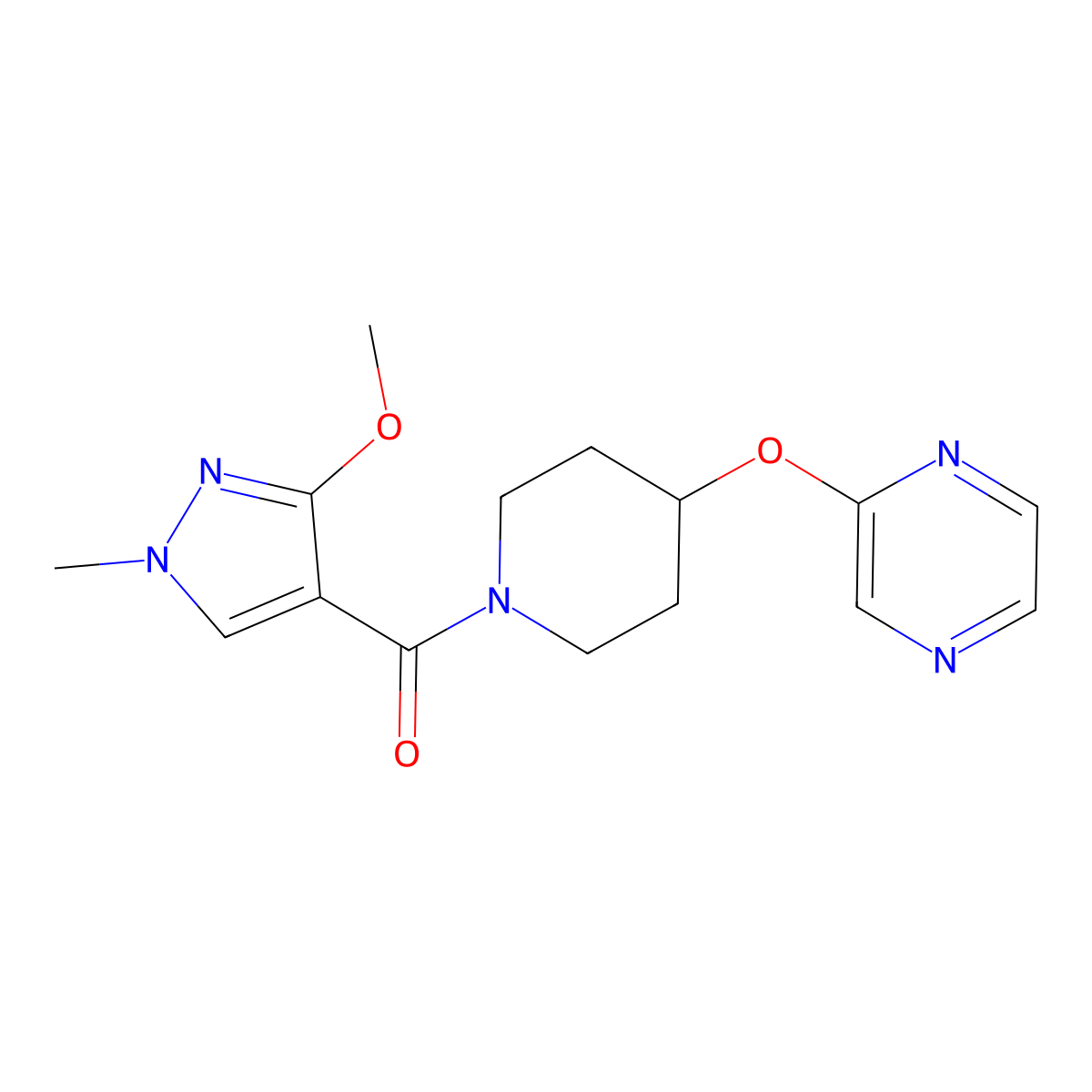 (3-methoxy-1-methyl-1H-pyrazol-4-yl)(4-(pyrazin-2-yloxy)piperidin-1-yl)methanone molecular structure, CAS 1421524-39-1