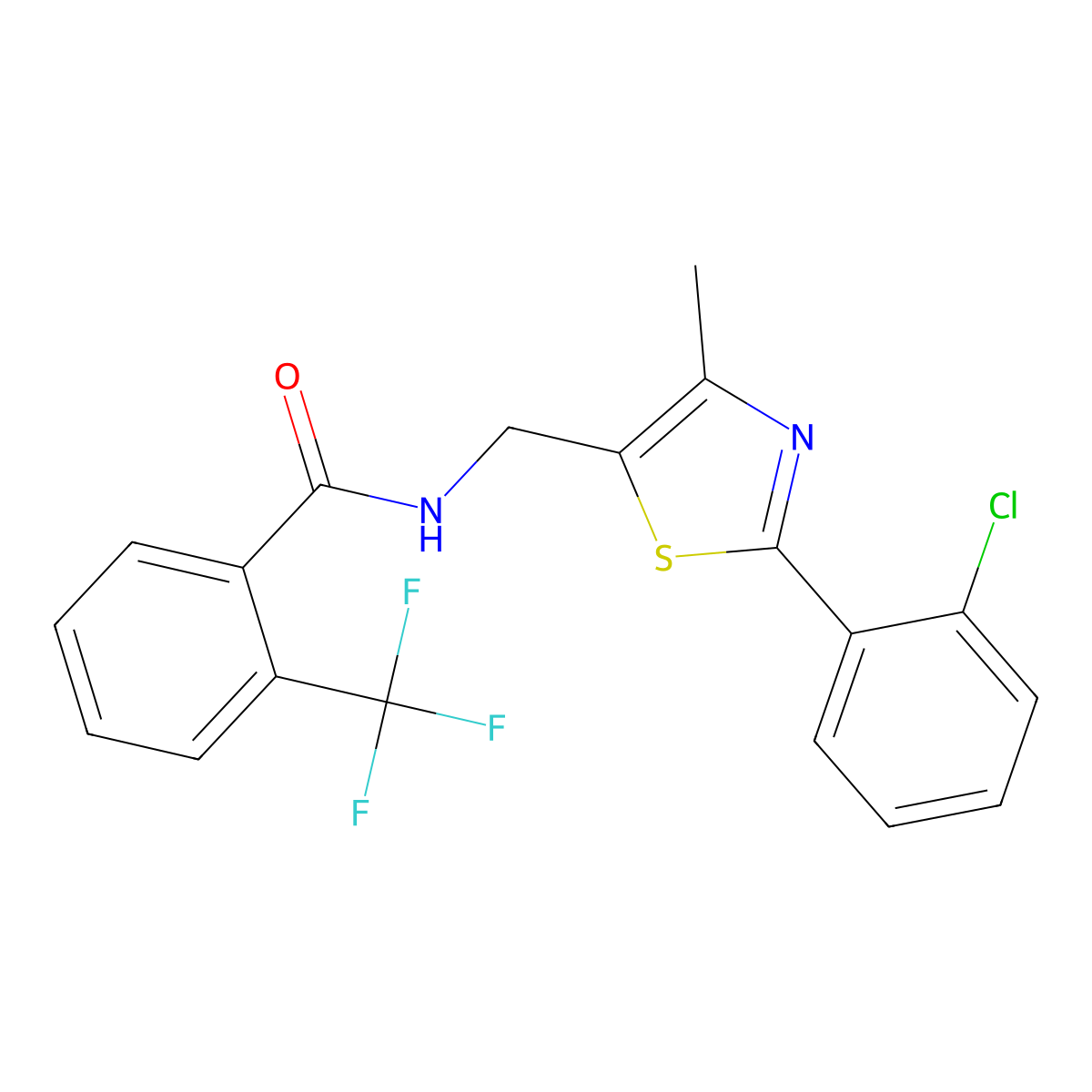 N-((2-(2-chlorophenyl)-4-methylthiazol-5-yl)methyl)-2-(trifluoromethyl)benzamide molecular structure, CAS 1421524-44-8