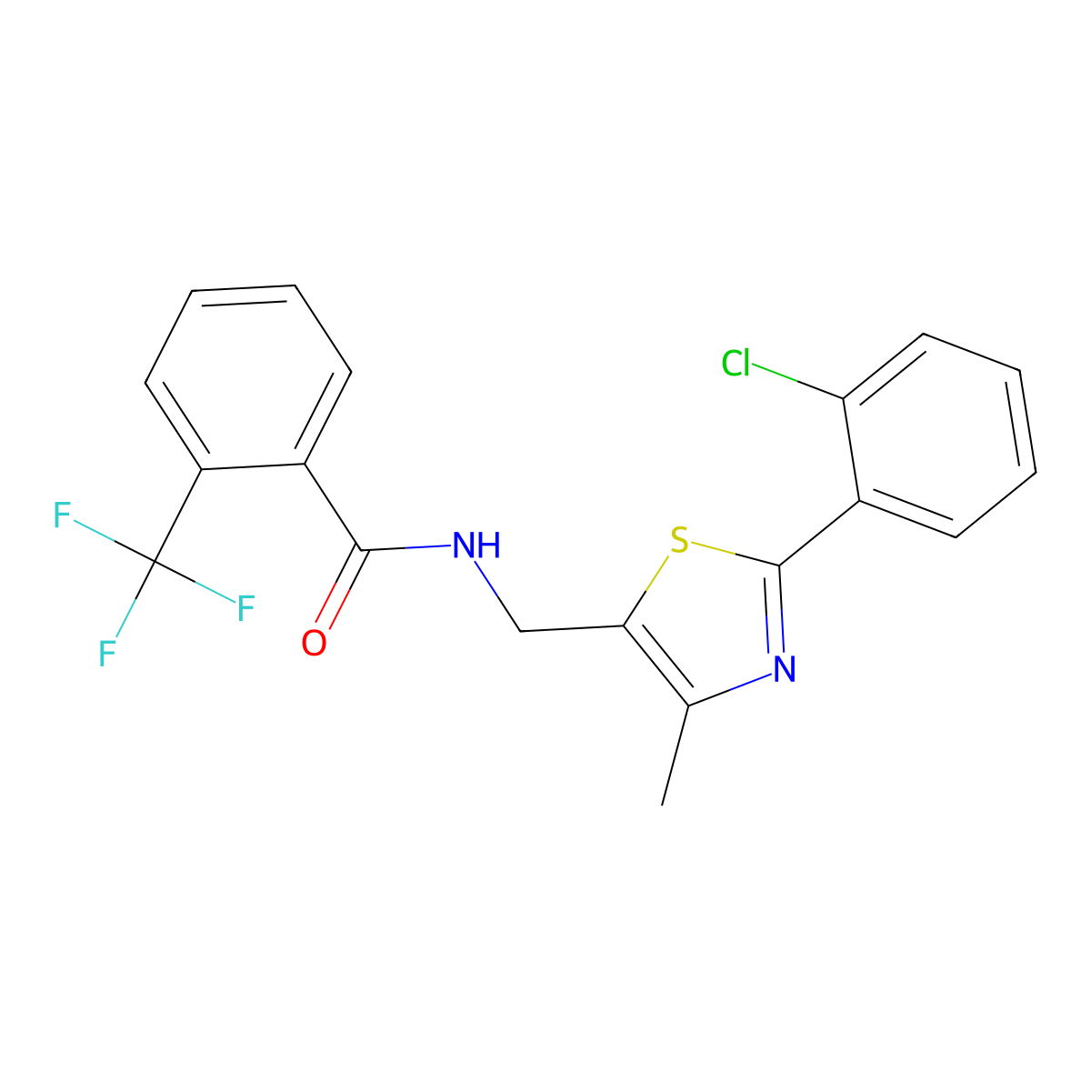 N-((2-(2-chlorophenyl)-4-methylthiazol-5-yl)methyl)-2-(trifluoromethyl)benzamide molecular structure, CAS 1421524-44-8