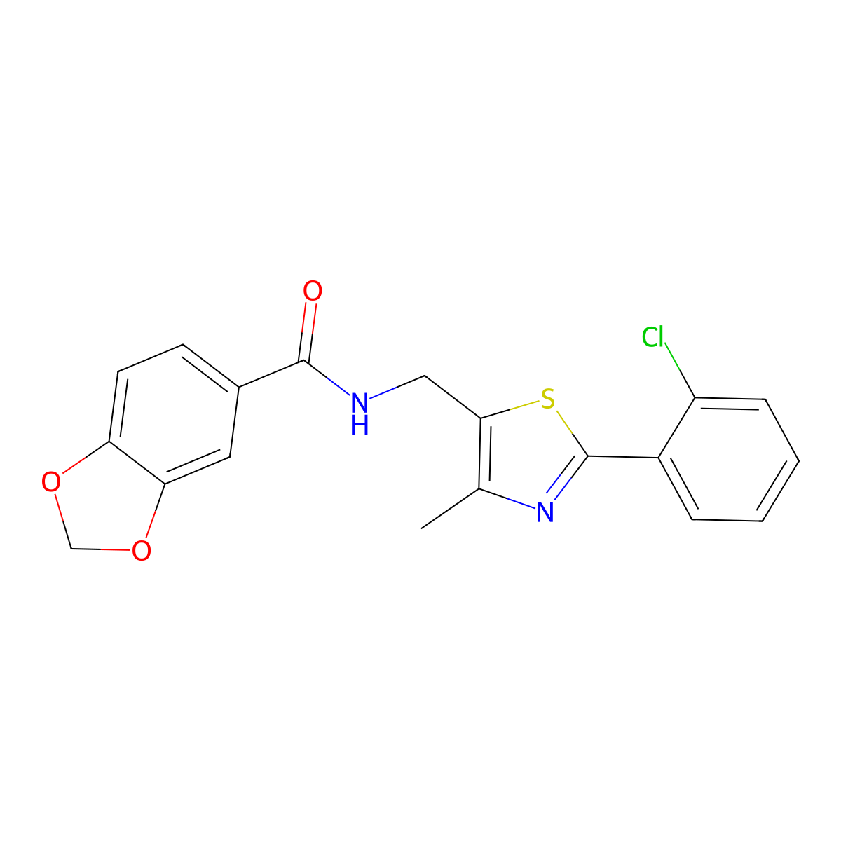 N-((2-(2-chlorophenyl)-4-methylthiazol-5-yl)methyl)benzo[d][1,3]dioxole-5-carboxamide molecular structure, CAS 1421524-50-6