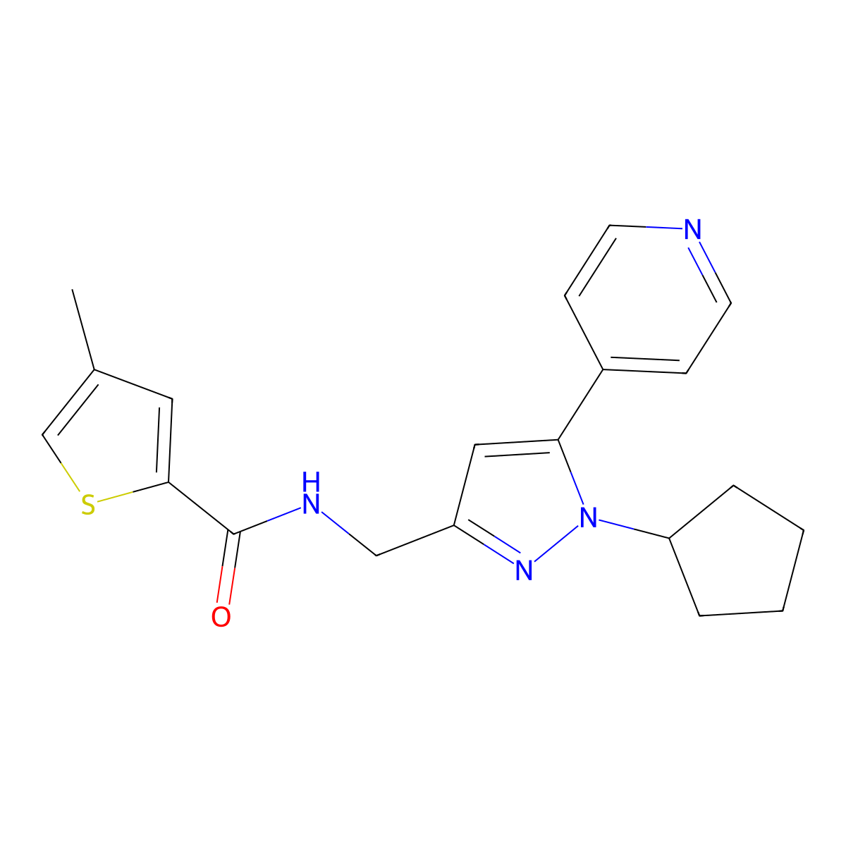 N-((1-cyclopentyl-5-(pyridin-4-yl)-1H-pyrazol-3-yl)methyl)-4-methylthiophene-2-carboxamide molecular structure, CAS 1421524-52-8