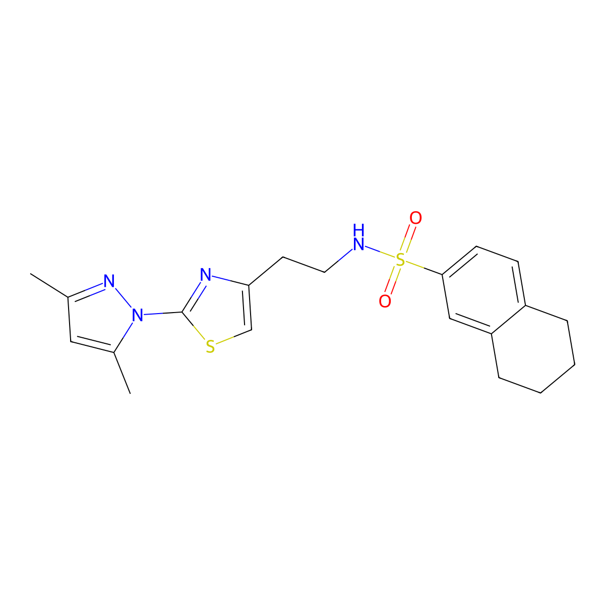 N-(2-(2-(3,5-dimethyl-1H-pyrazol-1-yl)thiazol-4-yl)ethyl)-5,6,7,8-tetrahydronaphthalene-2-sulfonamide molecular structure, CAS 1421524-54-0