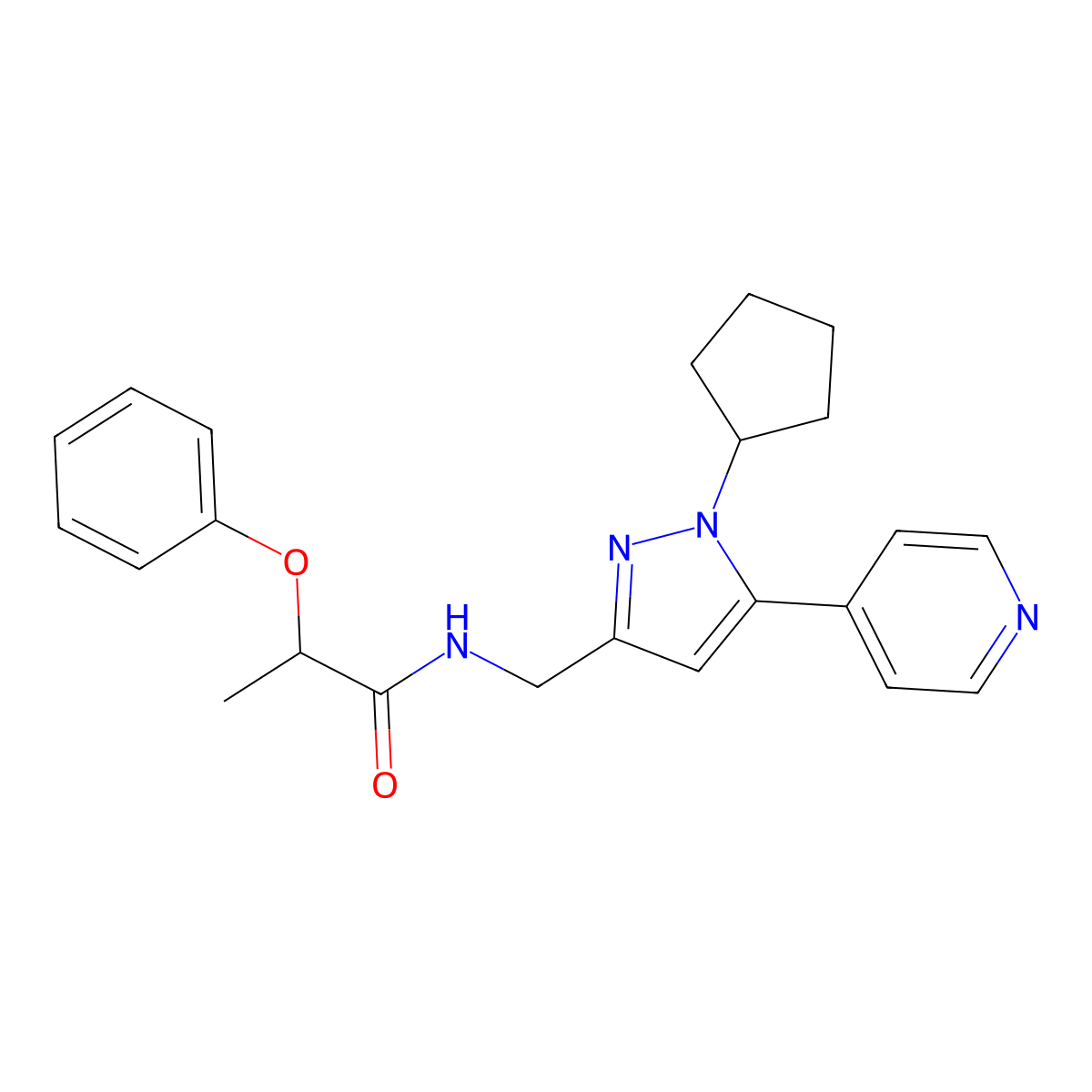 N-((1-cyclopentyl-5-(pyridin-4-yl)-1H-pyrazol-3-yl)methyl)-2-phenoxypropanamide molecular structure, CAS 1421524-58-4