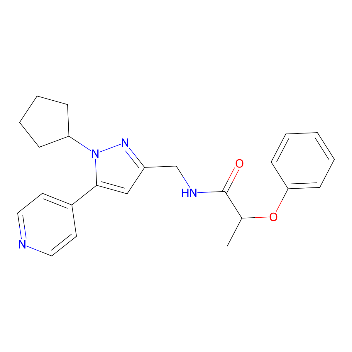 N-((1-cyclopentyl-5-(pyridin-4-yl)-1H-pyrazol-3-yl)methyl)-2-phenoxypropanamide molecular structure, CAS 1421524-58-4