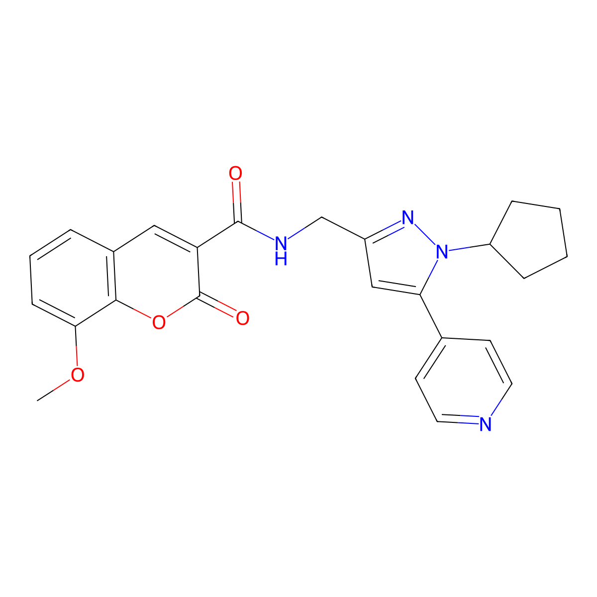 N-{[1-cyclopentyl-5-(pyridin-4-yl)-1H-pyrazol-3-yl]methyl}-8-methoxy-2-oxo-2H-chromene-3-carboxamide molecular structure, CAS 1421524-65-3