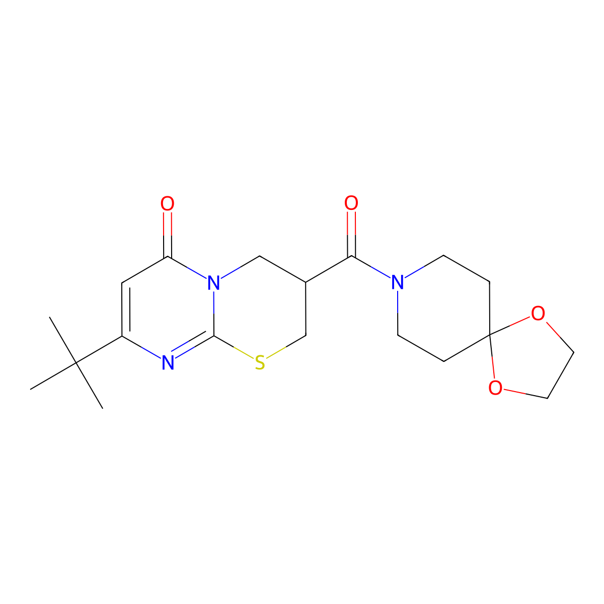 8-(tert-butyl)-3-(1,4-dioxa-8-azaspiro[4.5]decane-8-carbonyl)-3,4-dihydropyrimido[2,1-b][1,3]thiazin-6(2H)-one molecular structure, CAS 1421524-68-6