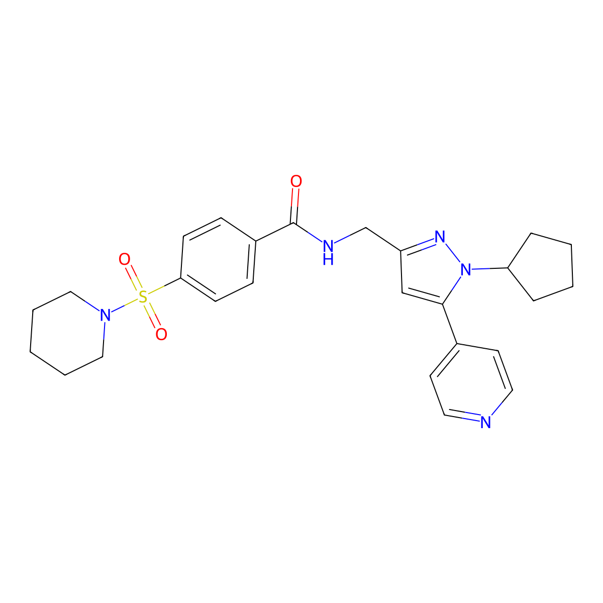 N-((1-cyclopentyl-5-(pyridin-4-yl)-1H-pyrazol-3-yl)methyl)-4-(piperidin-1-ylsulfonyl)benzamide molecular structure, CAS 1421524-76-6