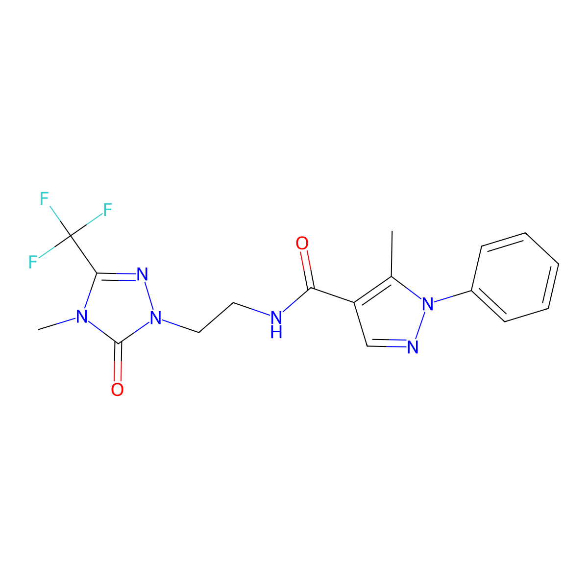 5-methyl-N-{2-[4-methyl-5-oxo-3-(trifluoromethyl)-4,5-dihydro-1H-1,2,4-triazol-1-yl]ethyl}-1-phenyl-1H-pyrazole-4-carboxamide molecular structure, CAS 1421524-81-3