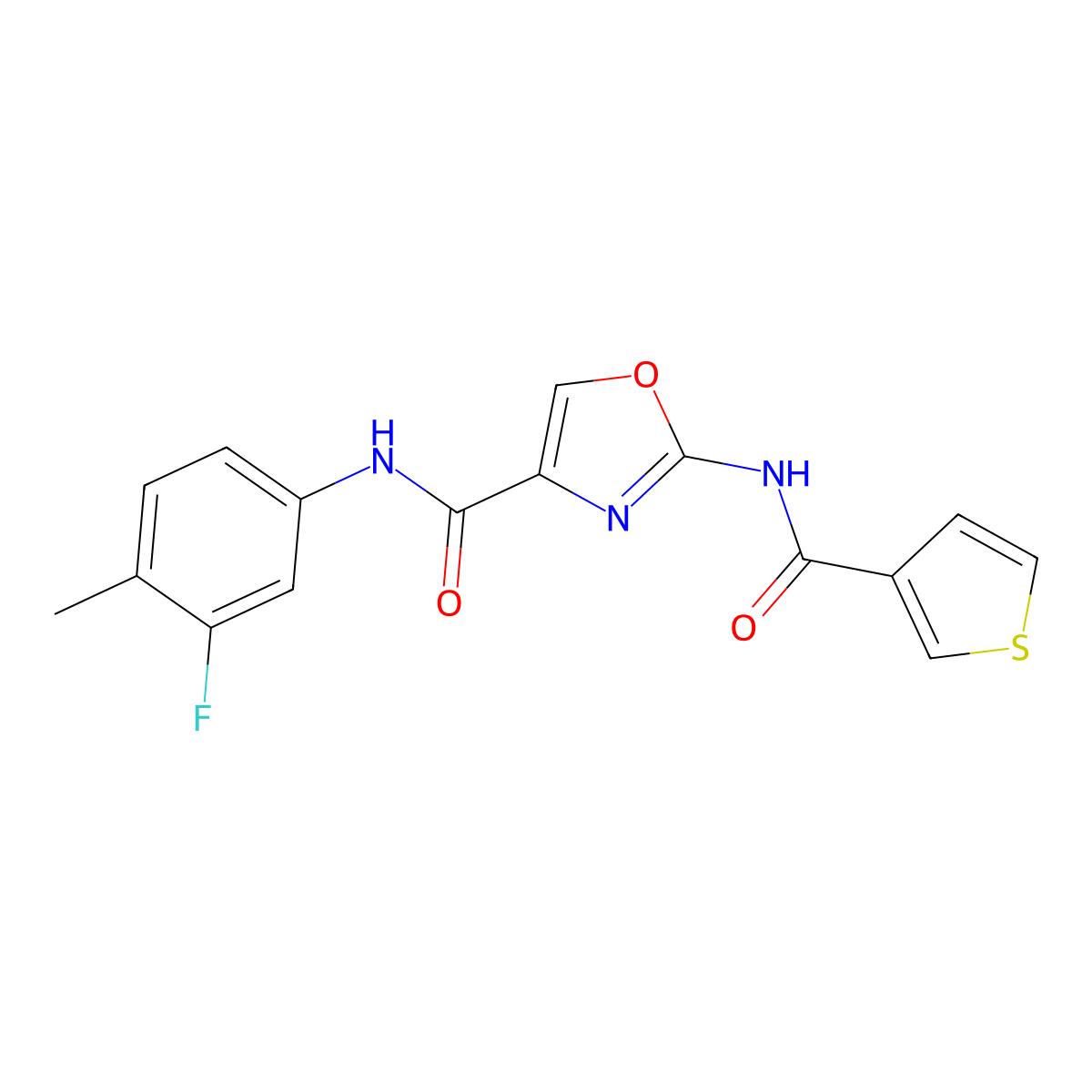 N-(3-fluoro-4-methylphenyl)-2-(thiophene-3-carboxamido)oxazole-4-carboxamide molecular structure, CAS 1421524-86-8