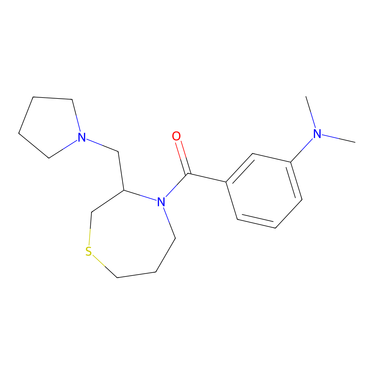(3-(Dimethylamino)phenyl)(3-(pyrrolidin-1-ylmethyl)-1,4-thiazepan-4-yl)methanone molecular structure, CAS 1421524-87-9