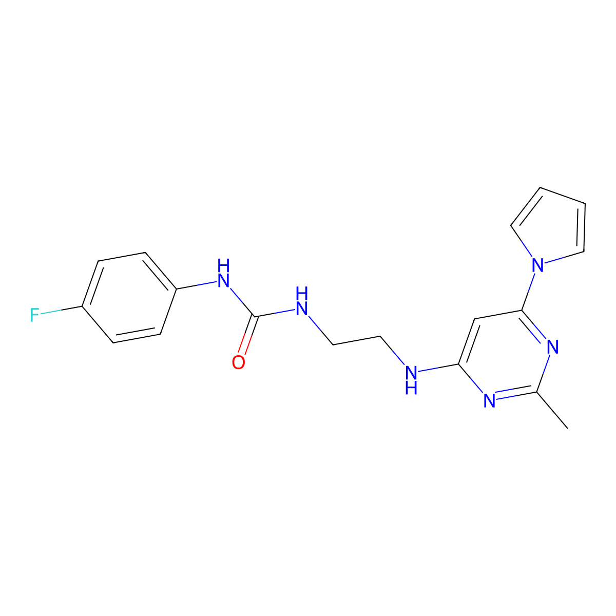 1-(4-fluorophenyl)-3-(2-{[2-methyl-6-(1H-pyrrol-1-yl)pyrimidin-4-yl]amino}ethyl)urea molecular structure, CAS 1421524-89-1